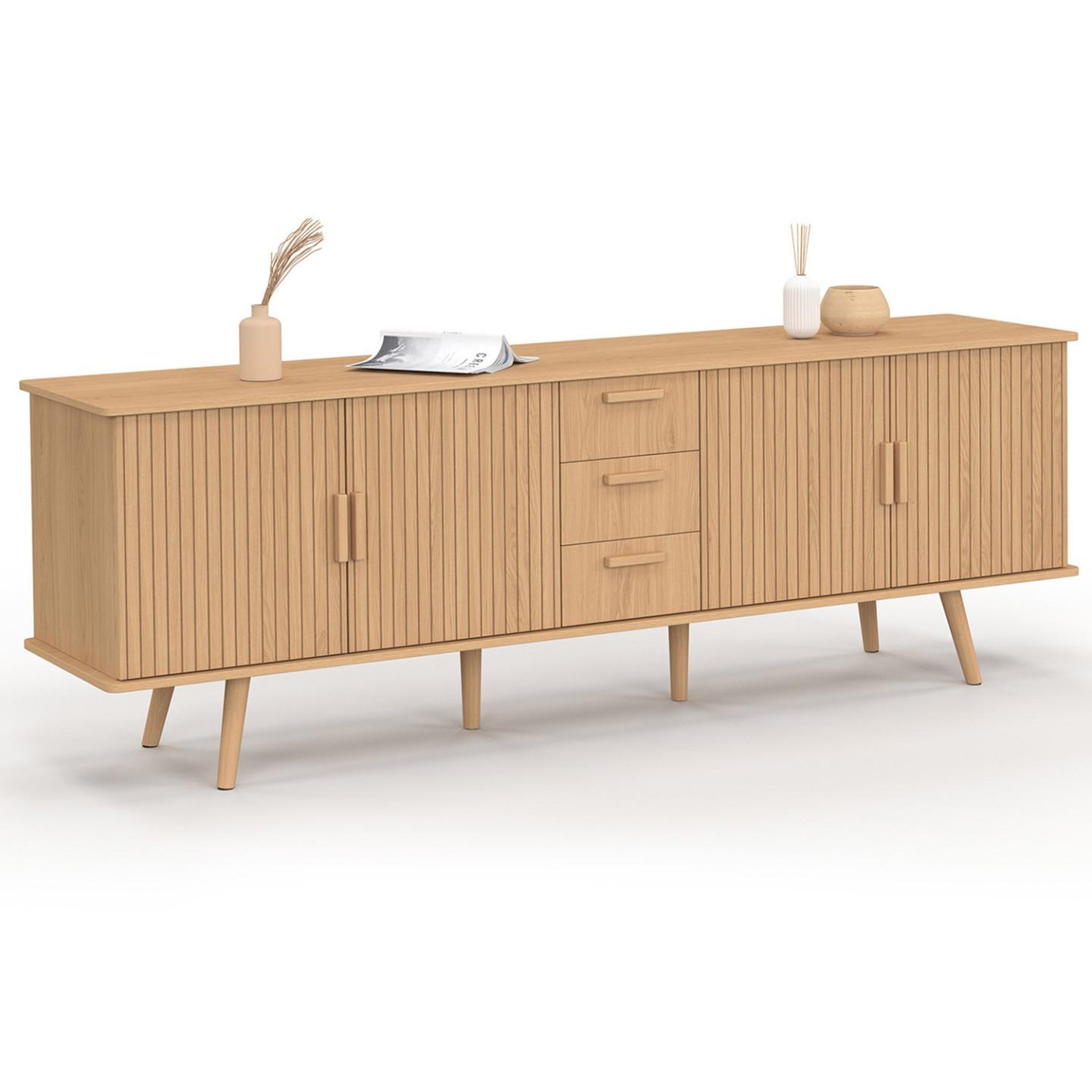 ID MARKET Buffet 180 cm JULIETTE XXL 4 portes et 3 tiroirs effet lattes tasseau bois