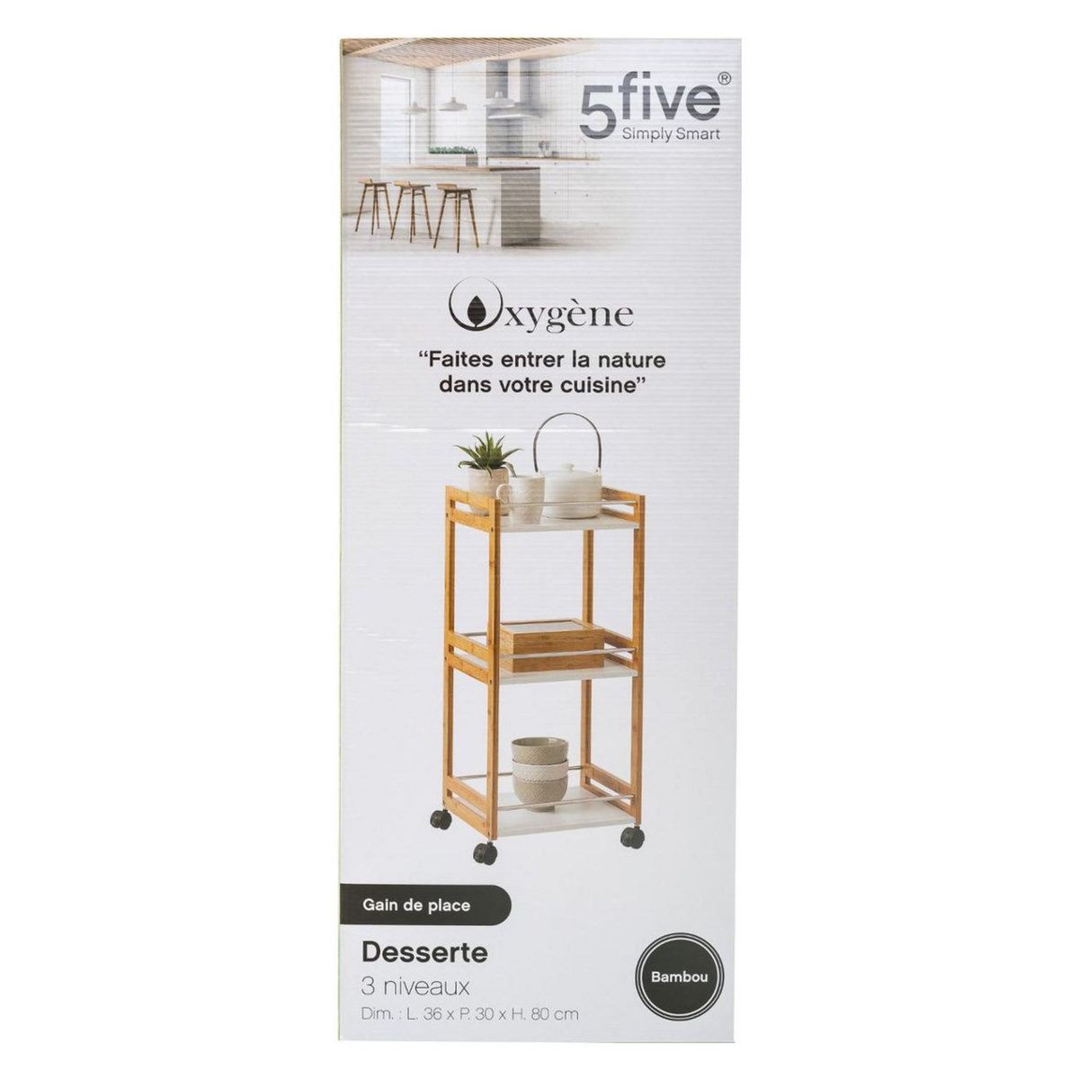 Desserte 3 étages en bambou et acier inoxydable