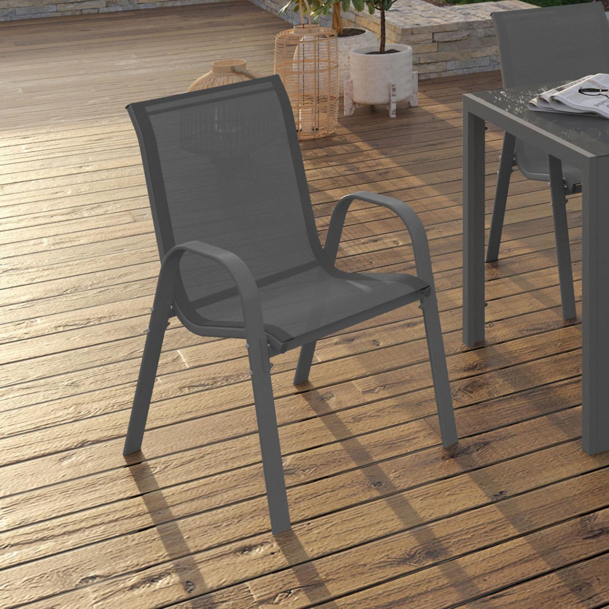 ID MARKET Lot de 6 chaises de jardin LYMA métal et textilène empilables gris anthracite