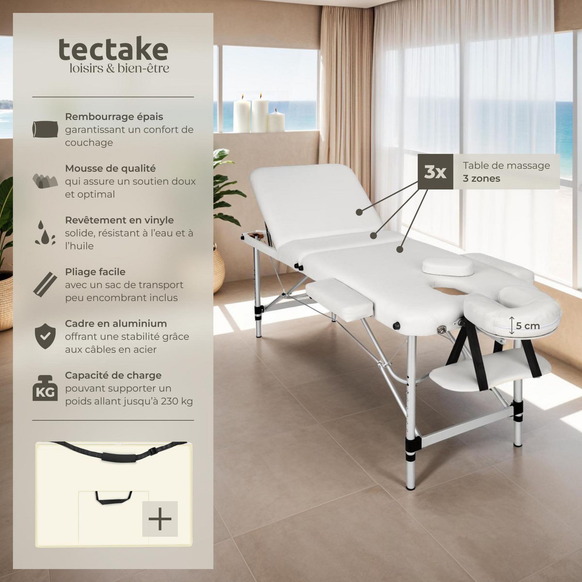 tectake Table de massage 3 zones largeur 61 cm et rembourrage 5 cm blanc