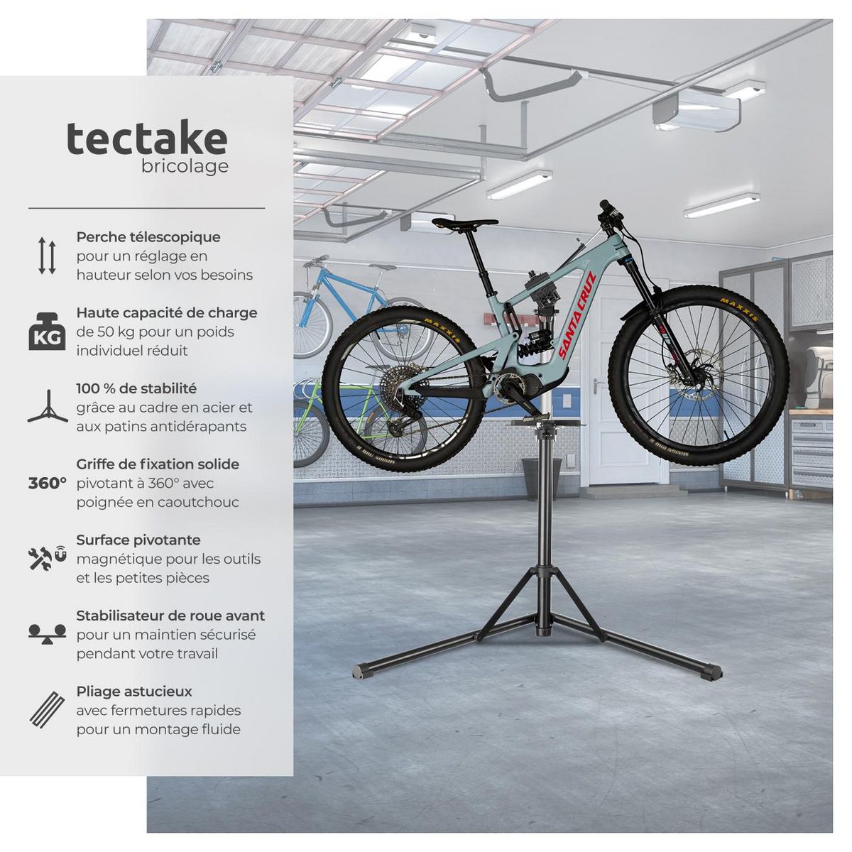 tectake Support de réparation pour vélo poids supporté 50 kg pliable avec fermetures rapides gris/noir