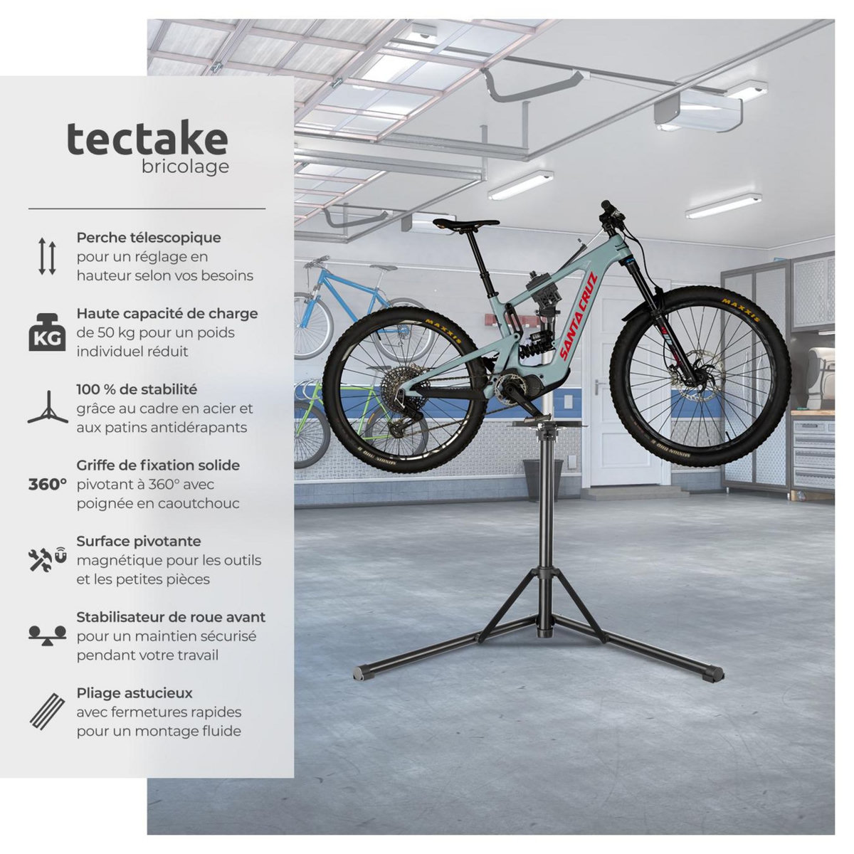 tectake Support de réparation pour vélo poids supporté 50 kg pliable avec fermetures rapides gris/noir
