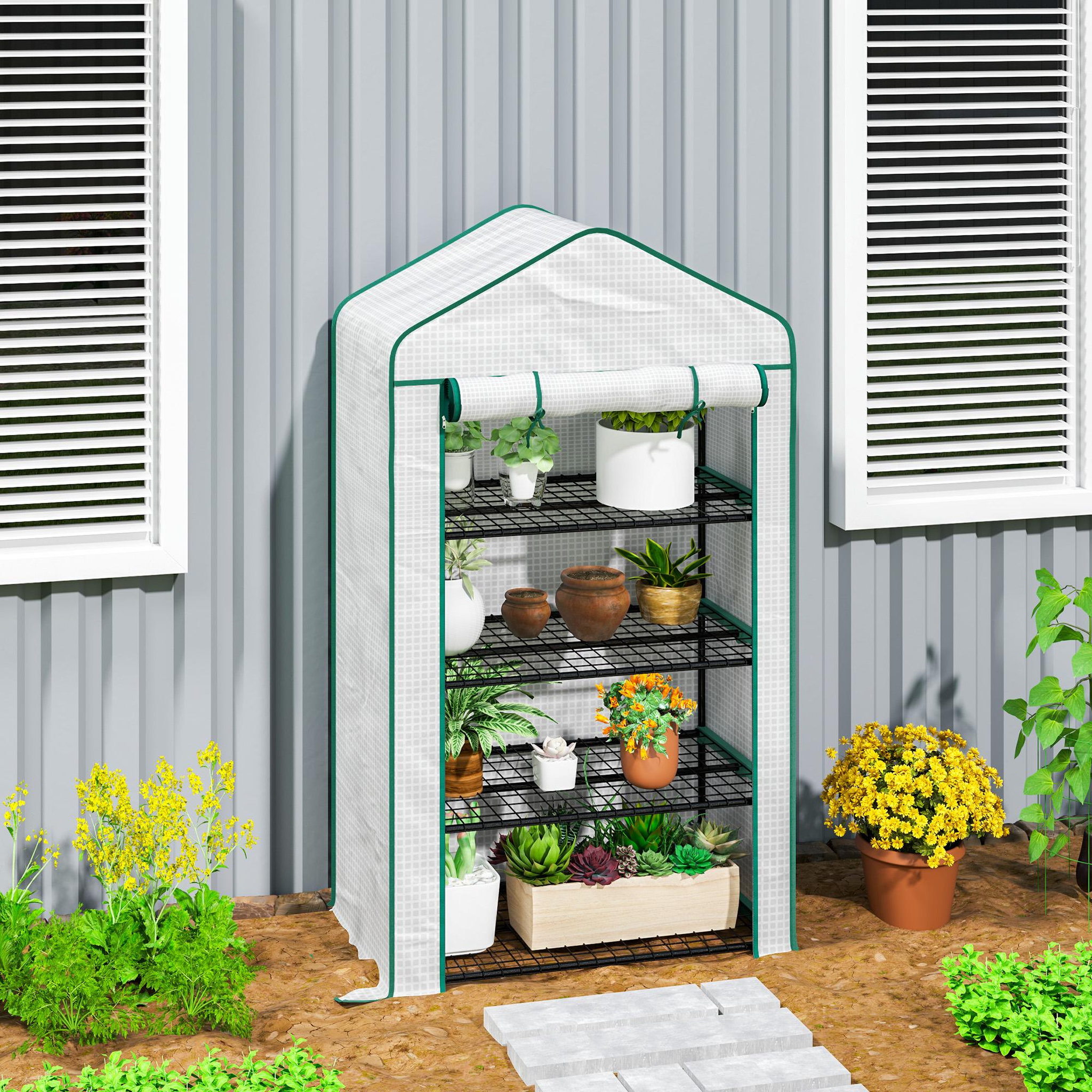 Voir la diapositive 2 : OUTSUNNY Serre de jardin balcon 4 étagères dim. 90 x 49 x 160 cm acier PE haute densité blanc