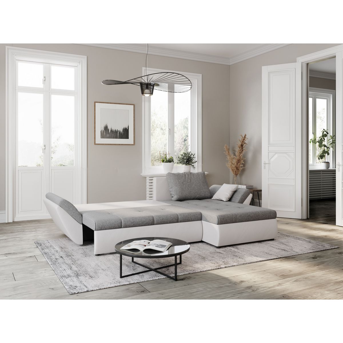 Canapé d'angle réversible convertible en Pu blanc et tissu gris ALIX