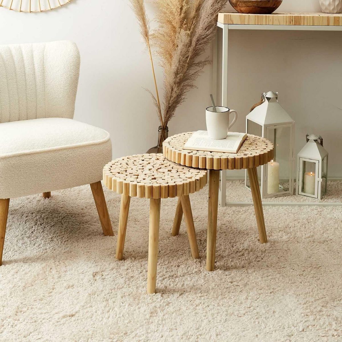 TOILINUX Duo de tables gigognes en MDF effet rondins de bois - Diam 40 cm x H. 40 cm et Diam. 35 cm x H. 35 cm