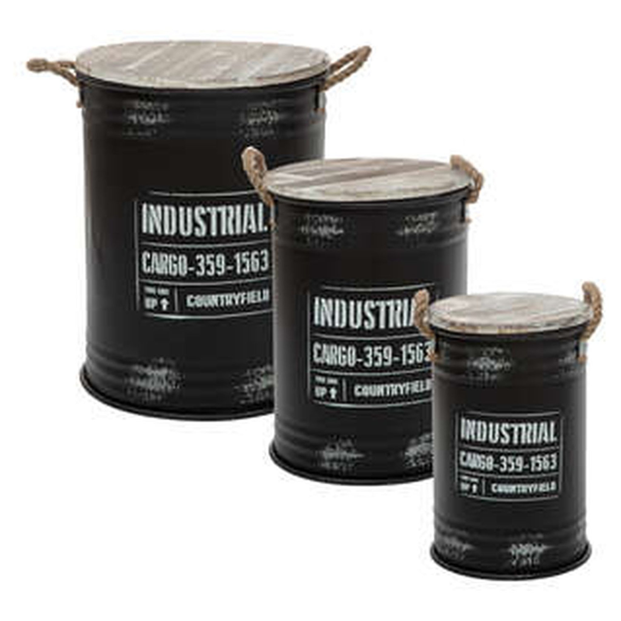 Lot de 3 coffres en forme de bidon Style industriel avec poignées