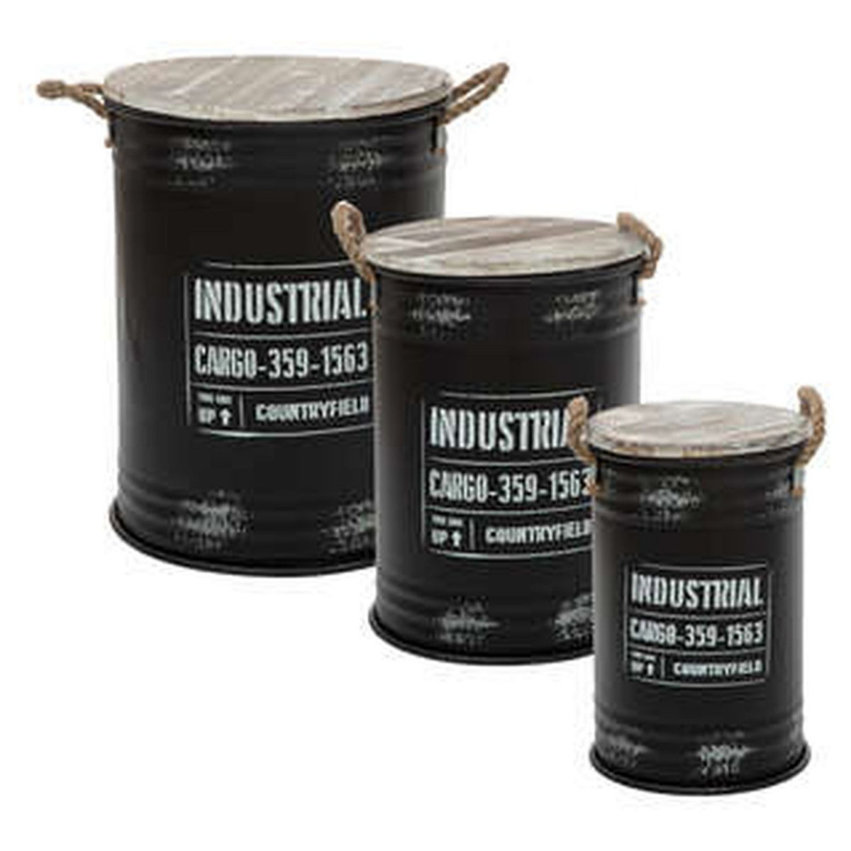 Lot de 3 coffres en forme de bidon Style industriel avec poignées