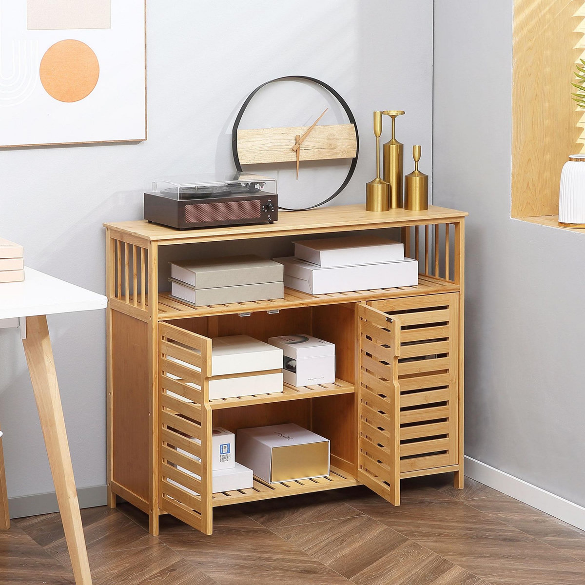 HOMCOM Buffet meuble de rangement bois bambou à lattes style naturel - 3 portes, 4 étagères