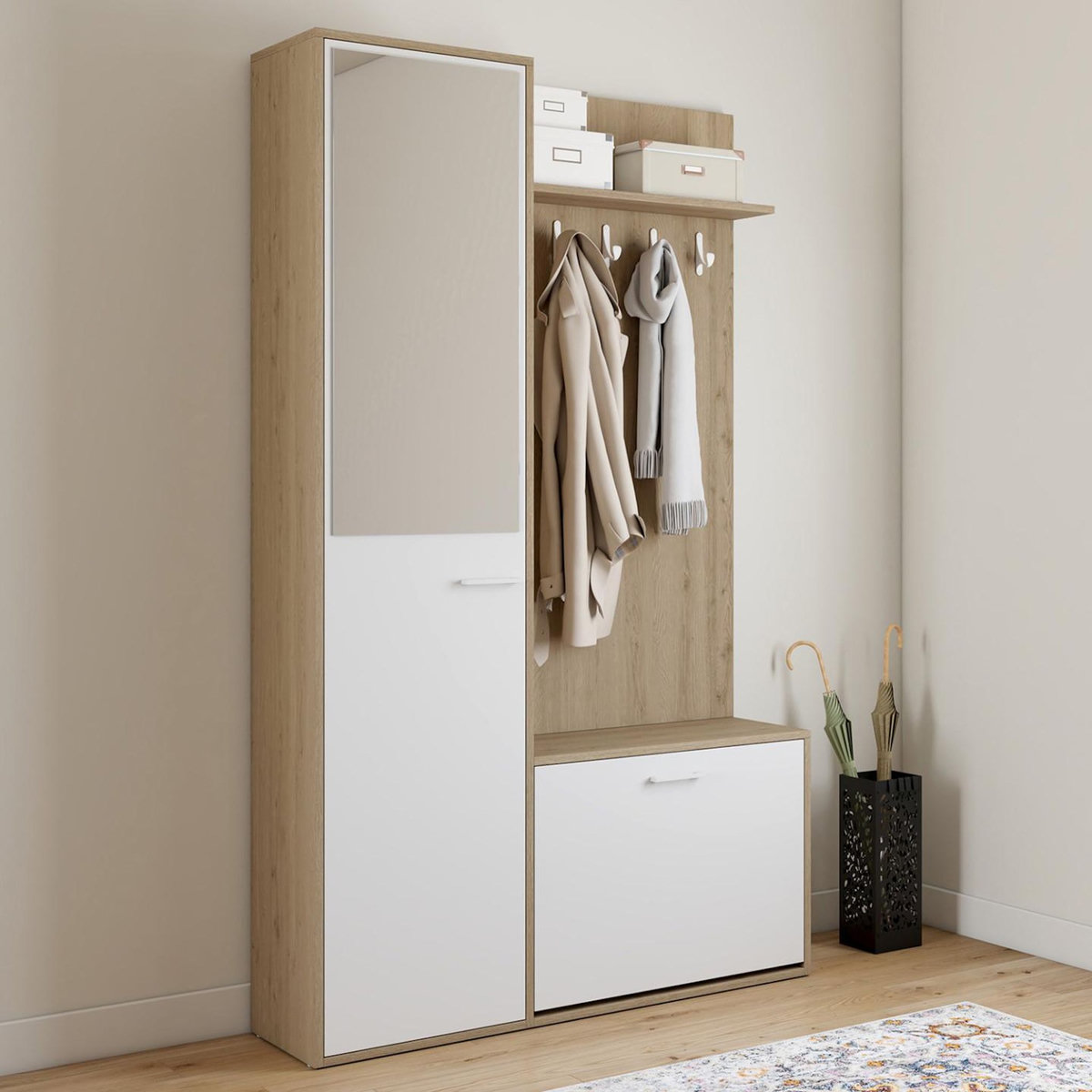 ID MARKET Vestiaire d'entrée rangement chaussures avec miroir et étagères MAHAUT 1 porte effet bois et blanc