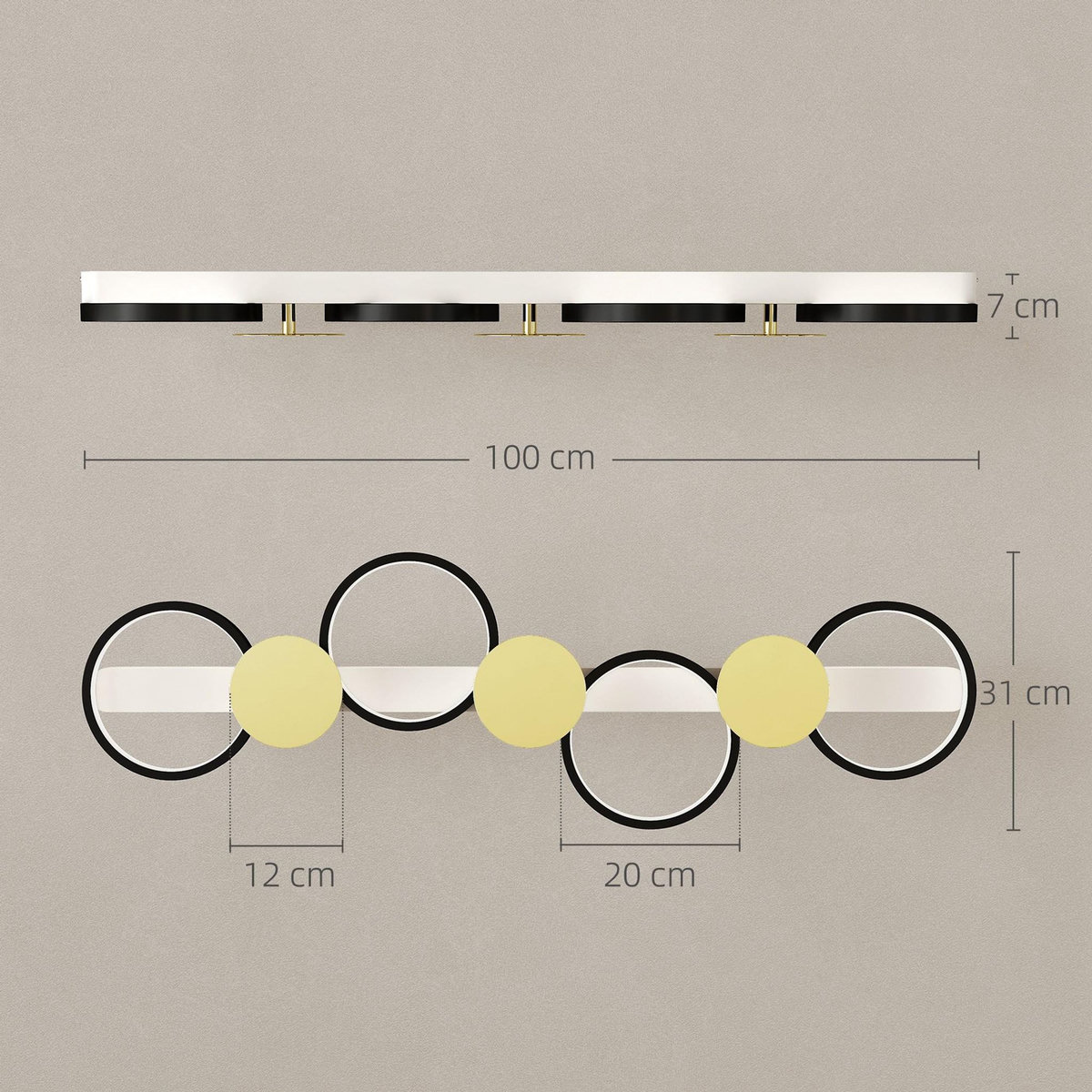 HOMCOM Plafonnier design anneaux LED 38W réglable avec télécommande métal noir doré