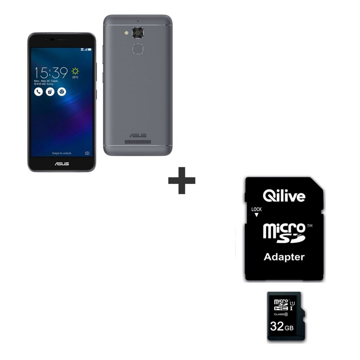 ASUS Pack Smartphone Zenfone 3 Max Gris Double sim & Carte QiLive Micro SDHC 32 Go + Adaptateur