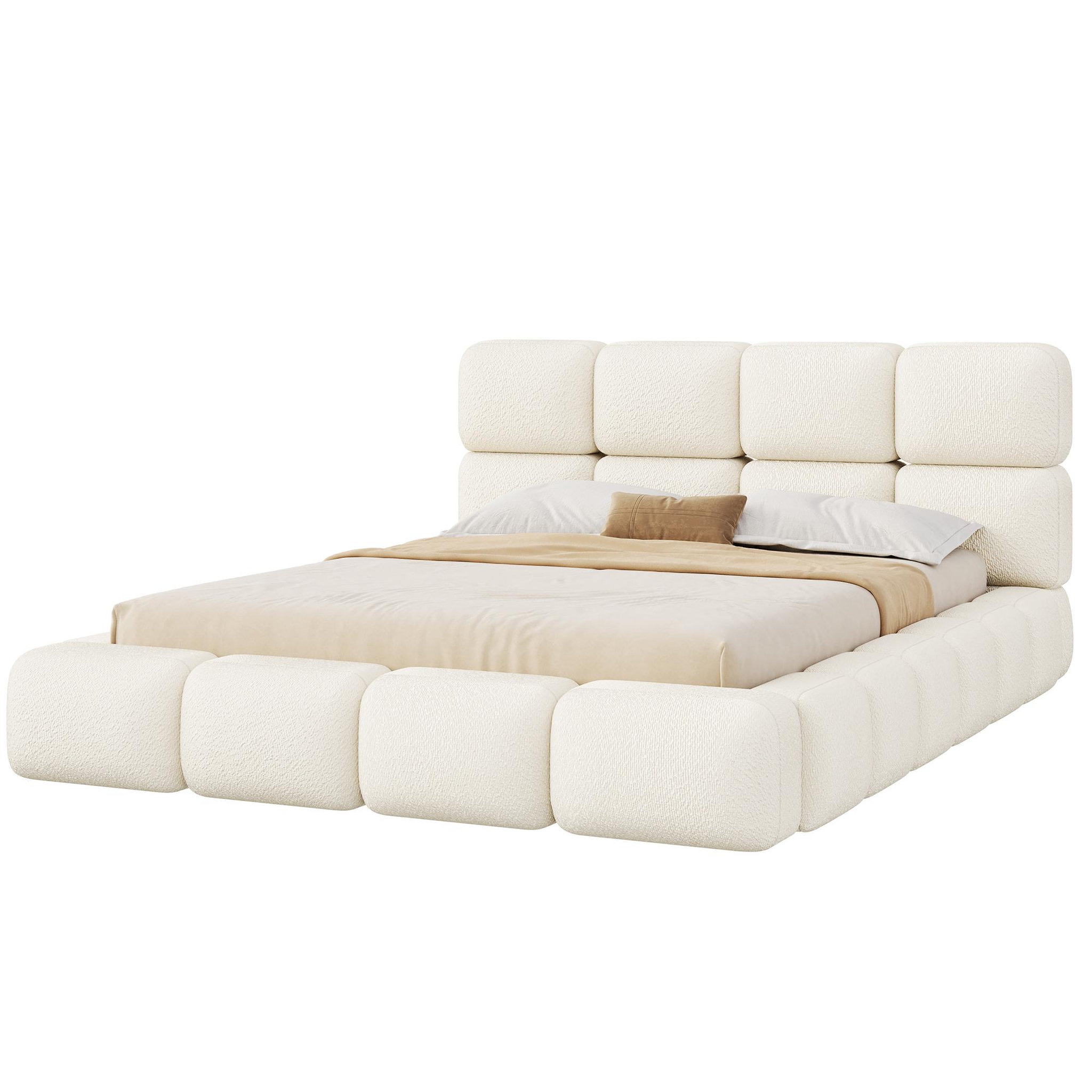 MERAX Lit double design bouclé avec tête de lit rembourrée et sommier. Coloris disponibles : Blanc