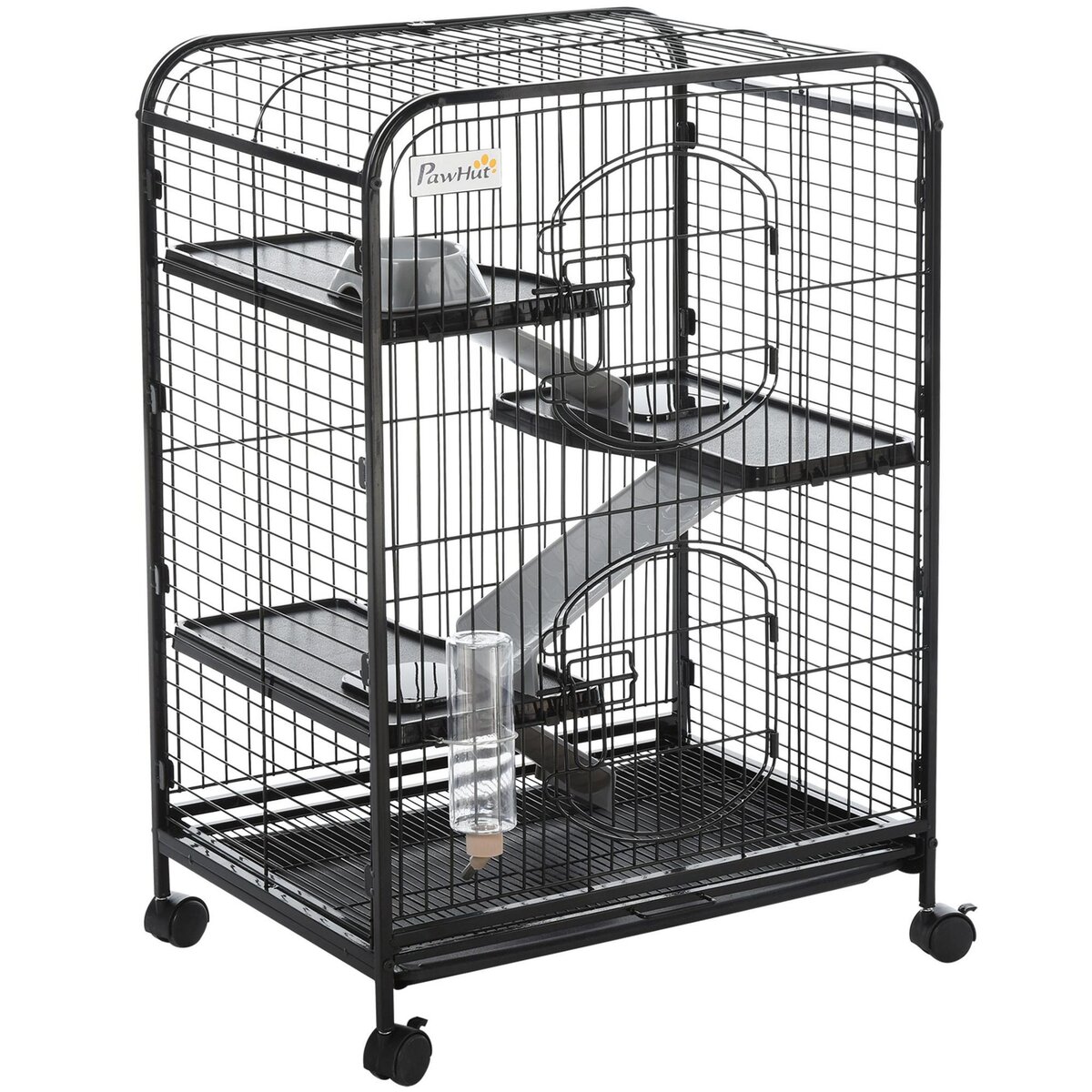 PAWHUT PawHut Cage pour Petits Animaux Roulante 3 Rampes 3 Plates-formes Plat et Bouteille d'Eau Bac Inférieur Amovible Acier PP Noire