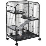 PAWHUT PawHut Cage pour Petits Animaux Roulante 3 Rampes 3 Plates-formes Plat et Bouteille d'Eau Bac Inférieur Amovible Acier PP Noire
