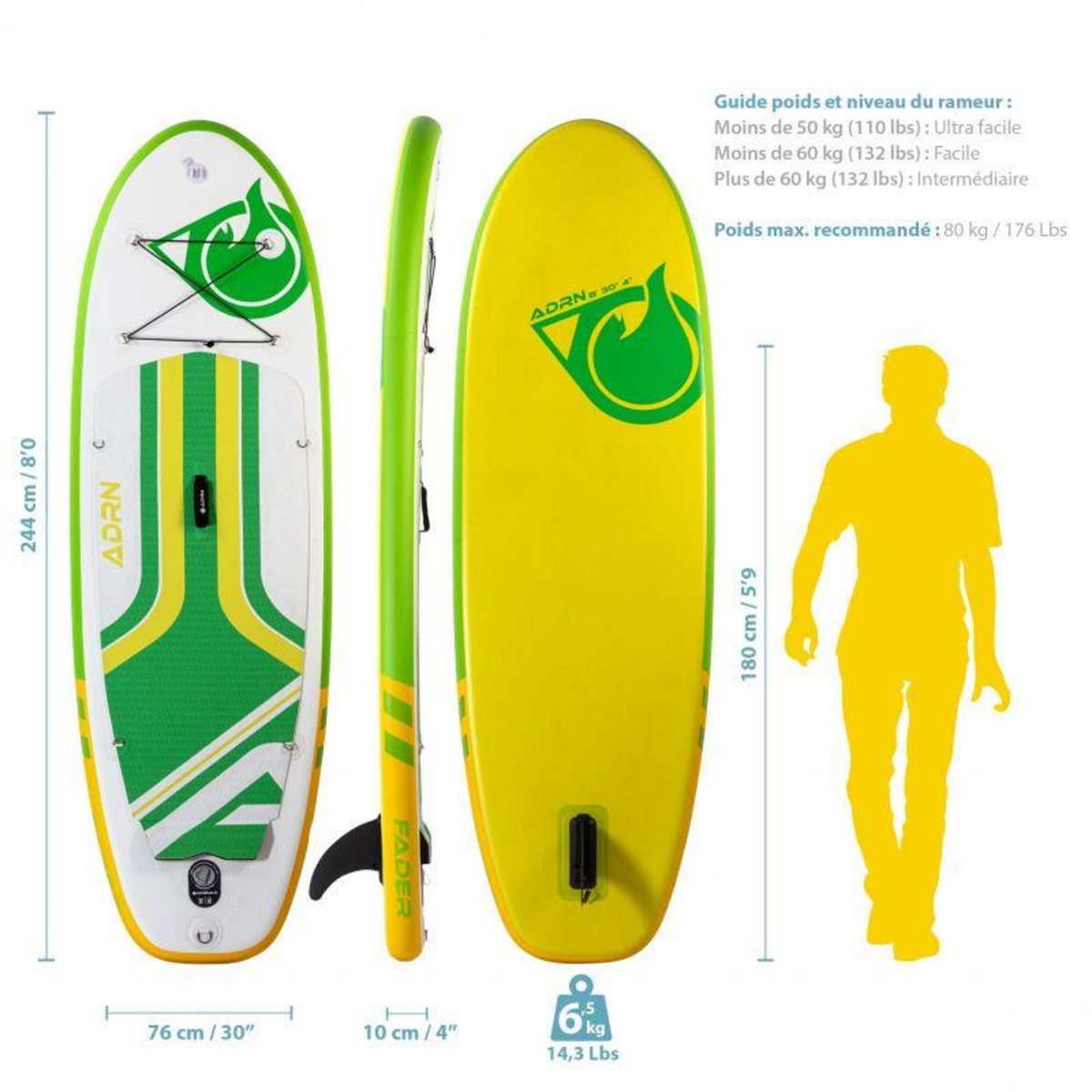 ADRENALIN Paddle Gonflable FADER 8' 30'' 4'' (244x76x10cm) avec Pompe, Pagaie, Leash et Sac de Transport