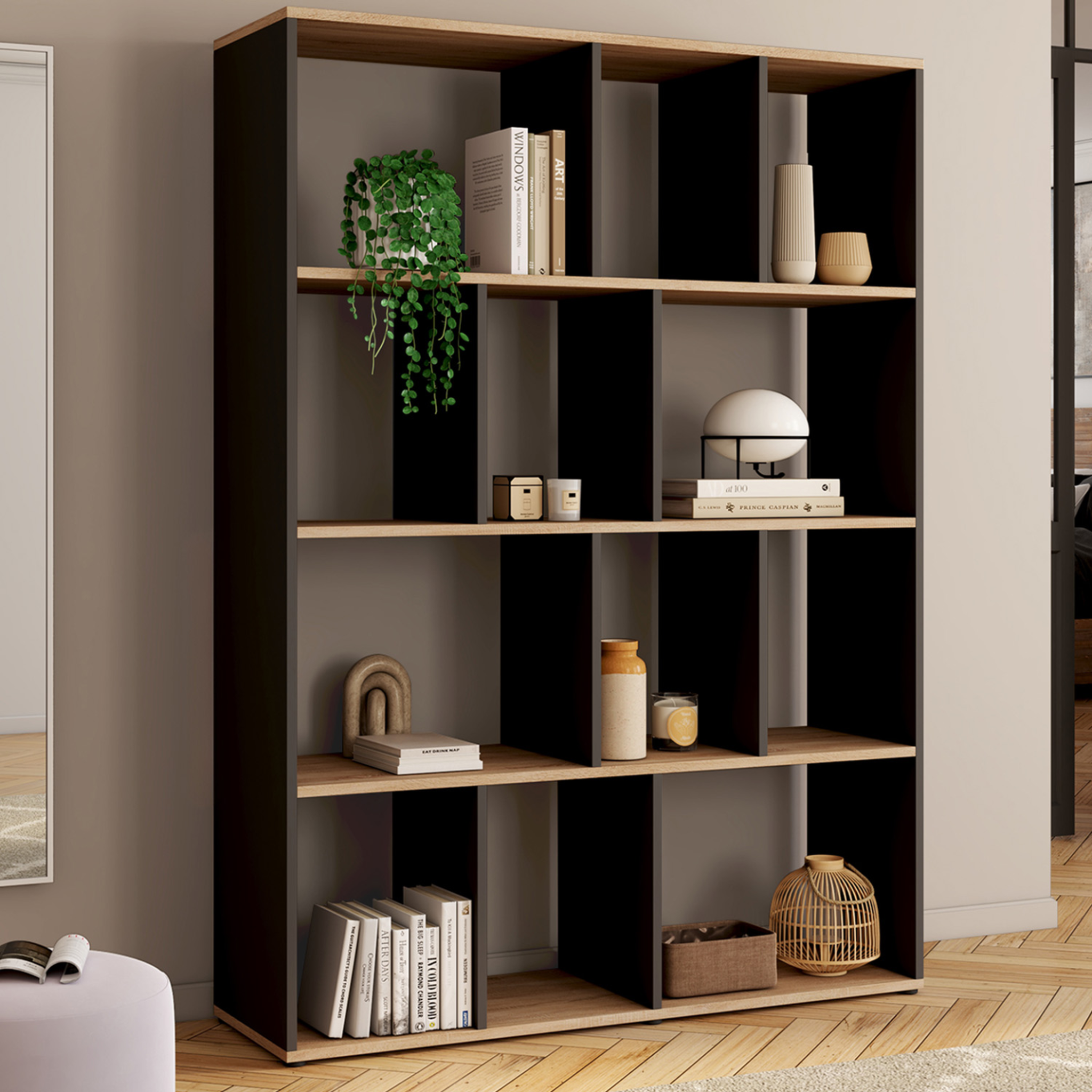 Voir la diapositive 2 : ID MARKET Etagère bibliothèque jena 4 niveaux noir et effet bois 143 cm