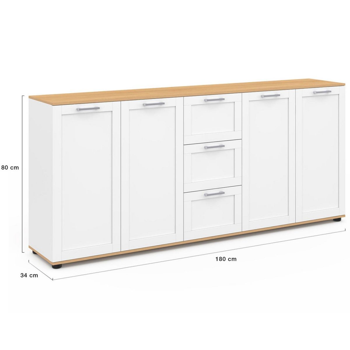 ID MARKET Buffet 180 cm VITO XXL 4 portes avec 3 tiroirs bois et blanc