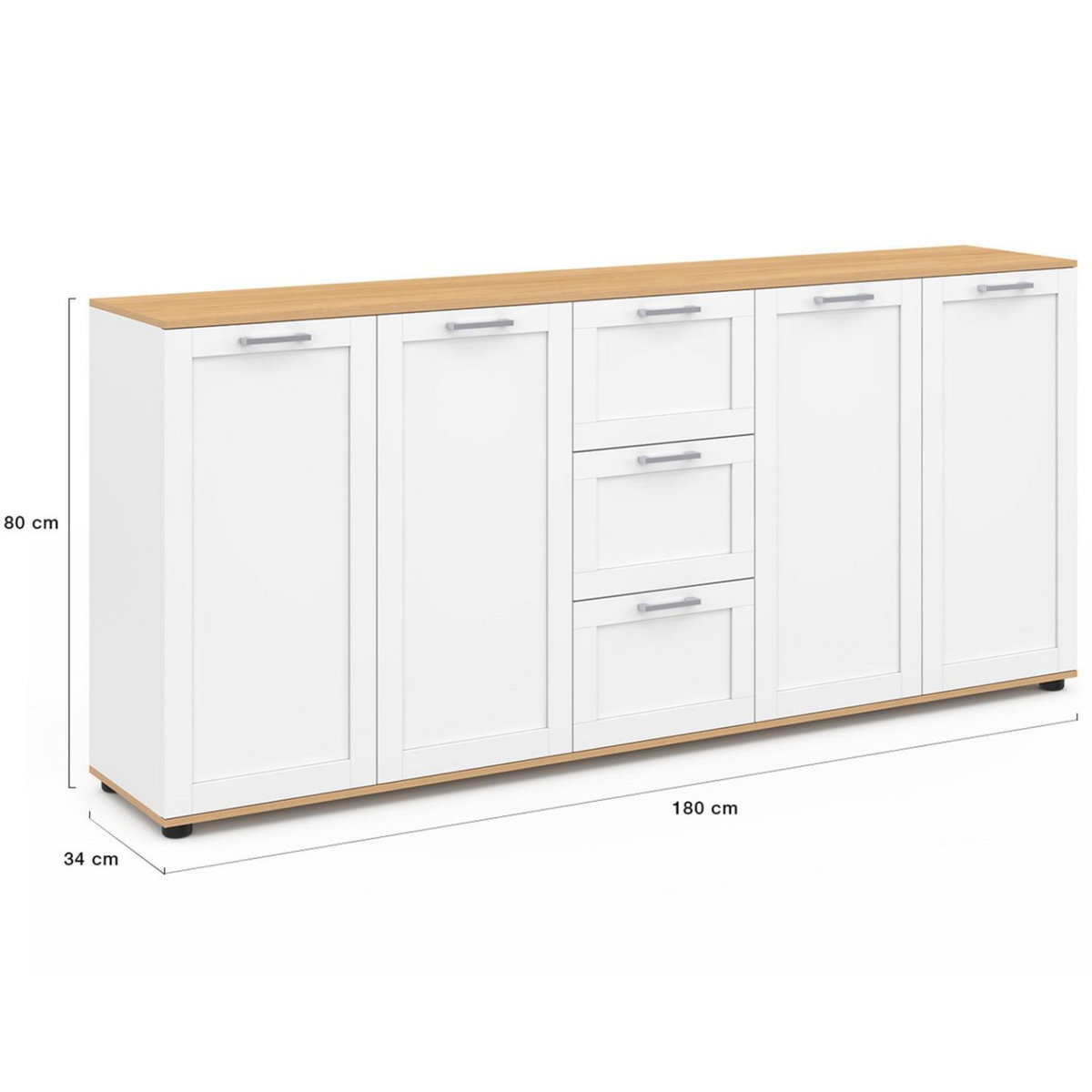ID MARKET Buffet 180 cm VITO XXL 4 portes avec 3 tiroirs bois et blanc