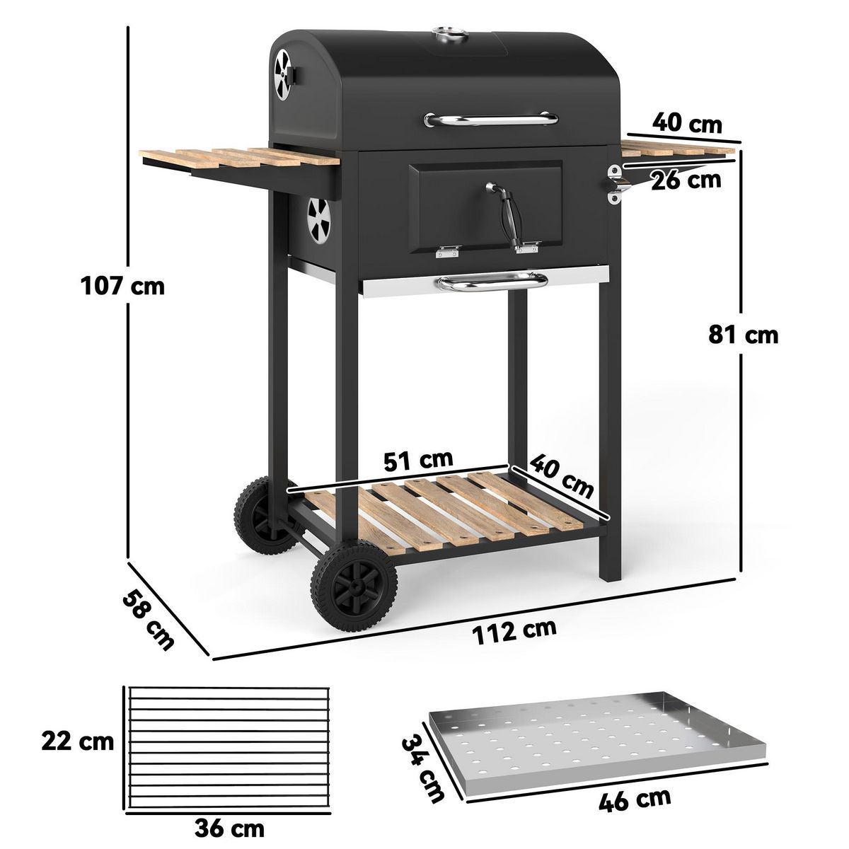OUTSUNNY Barbecue charbon de bois avec couvercle 2 roues - hauteur grille réglable, thermomètre, 3 étagères - acier noir bois