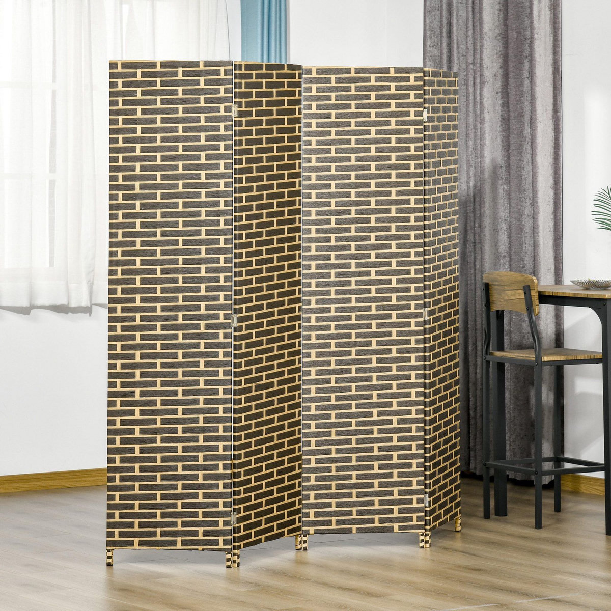 HOMCOM Paravent intérieur 4 panneaux pliables séparateur de pièce bois de peuplier fibres de papier tressée chocolat paille
