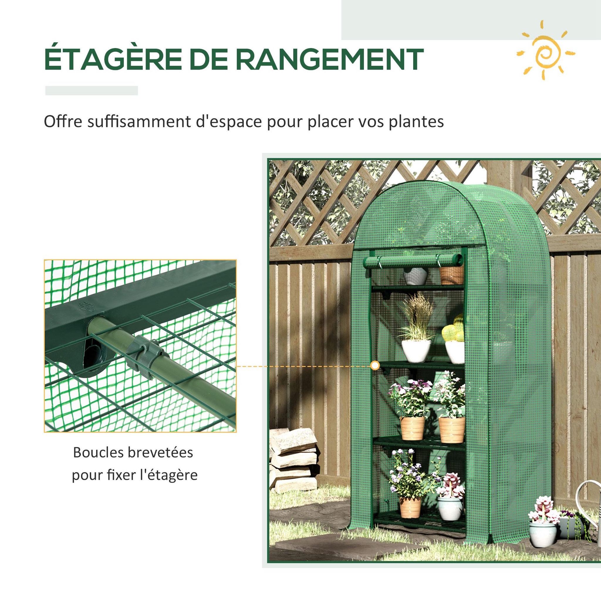 Voir la diapositive 6 : OUTSUNNY Serre de jardin serre de balcon 4 étagères métal porte zippée enroulable 80 x 49 x 160 cm pe vert