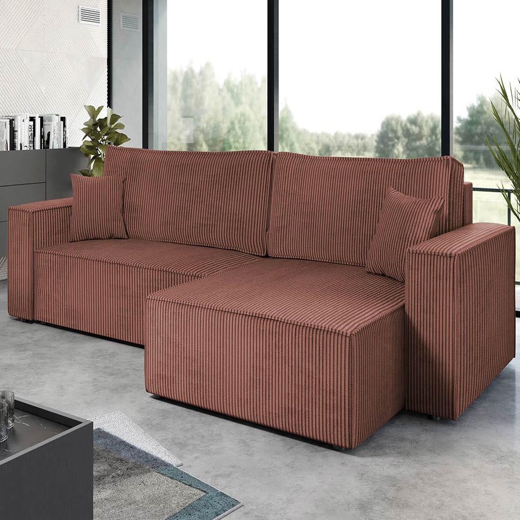 Voir la diapositive 2 : BEST MOBILIER Cezanne - canapé d'angle réversible 5 places convertible avec coffre en velours côtelé