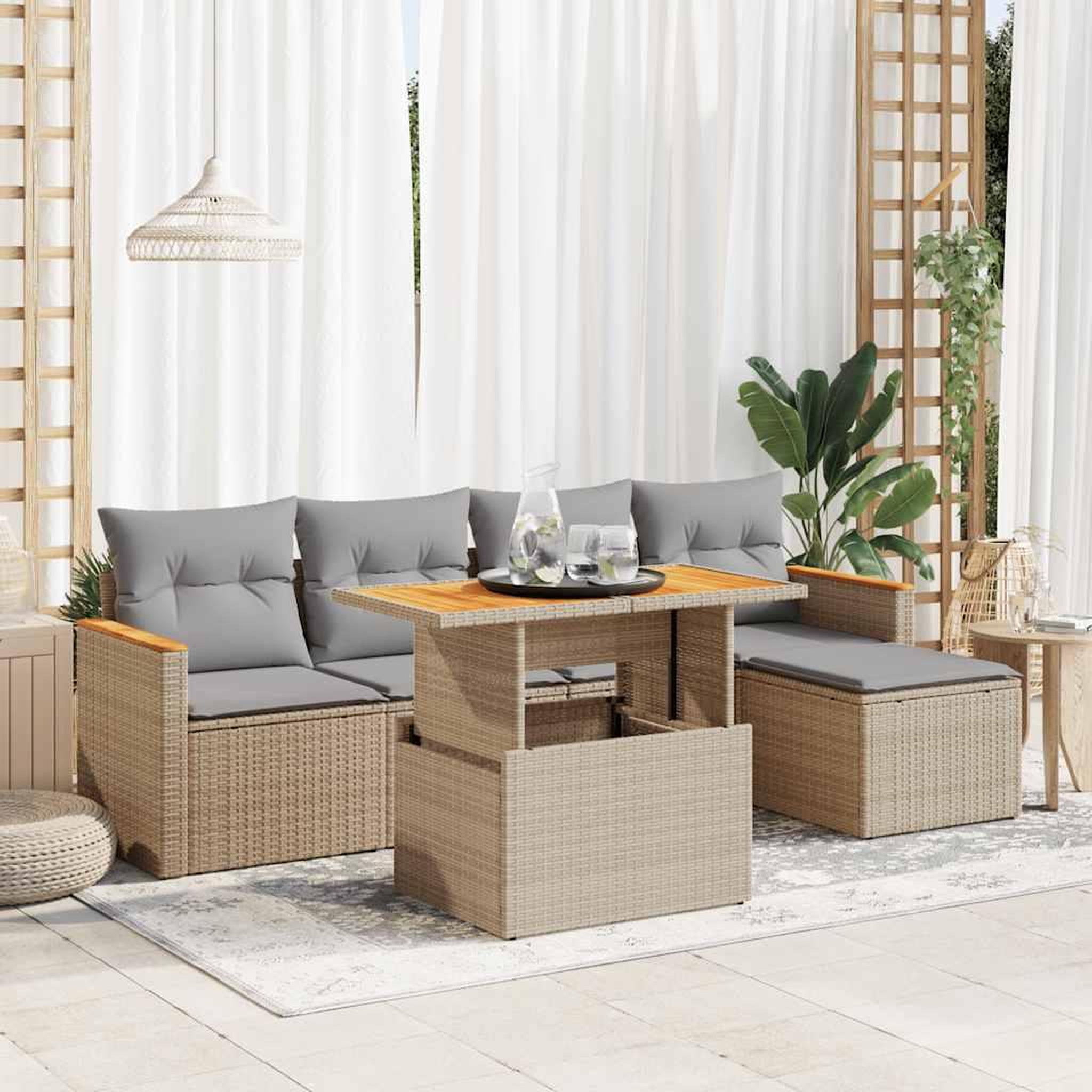VIDAXL Salon de jardin 6 pcs avec coussins beige resine tressee acacia