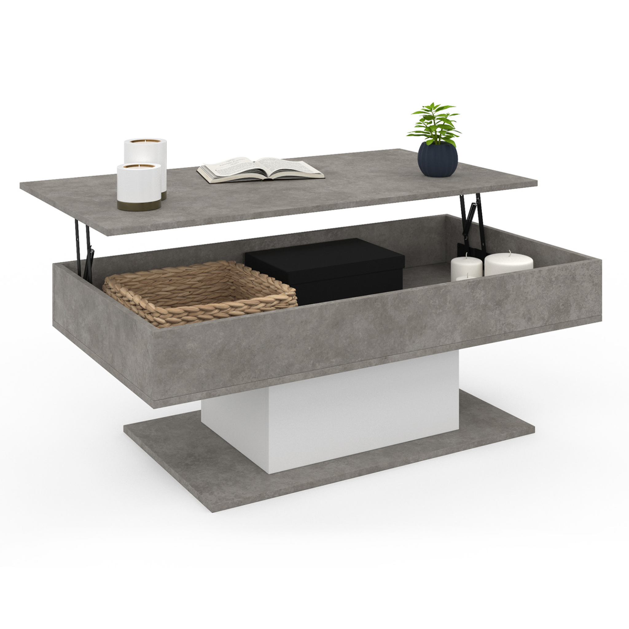 ID MARKET Table basse plateau relevable rectangulaire eden effet béton et blanc
