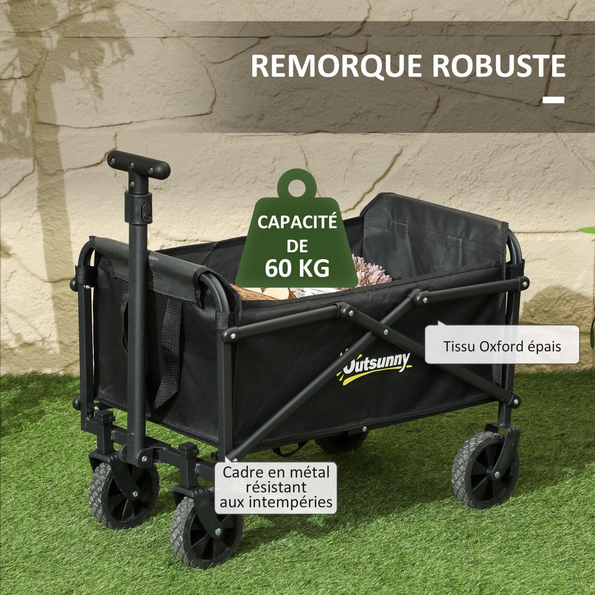 OUTSUNNY Chariot de jardin pliable 60 Kg max. poignée télescopique réglable métal oxford noir