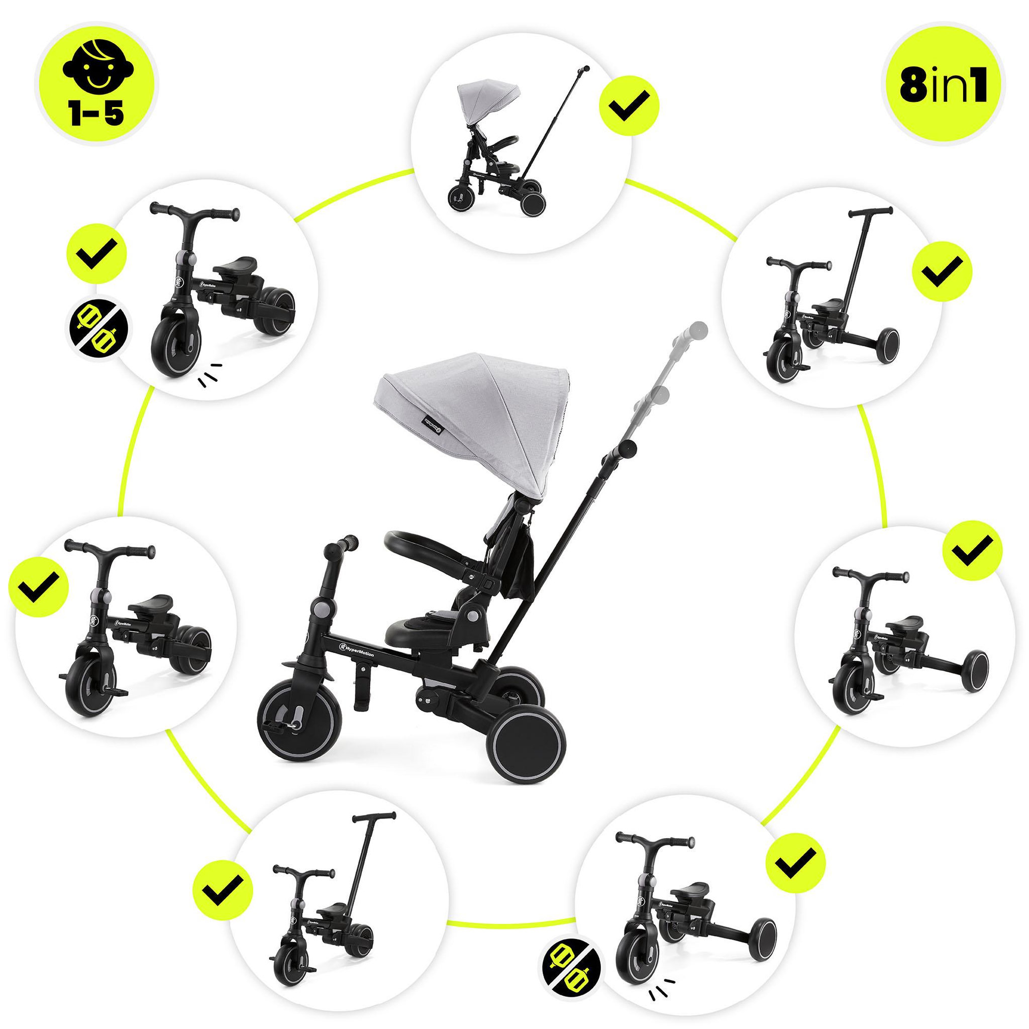 Voir la diapositive 3 : HYPERMOTION Tricycle Bébé Évolutif 8 en 1 – Siège Pivotant 360°, Vélo Enfant, Pliable, Confortable - Gris