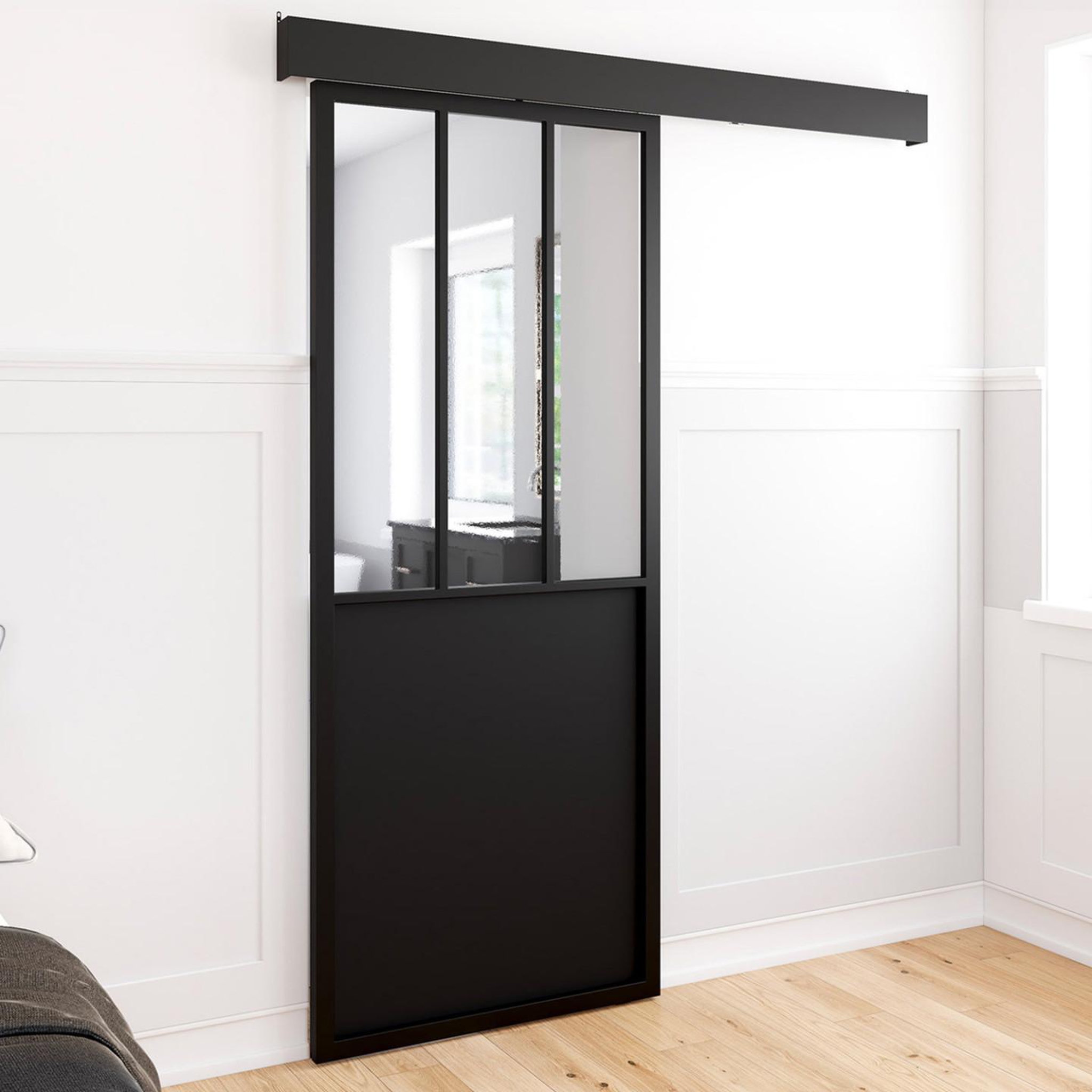 Voir la diapositive 2 : ID MARKET Kit porte coulissante verrière 83 cm en métal + mdf avec rail et fixations