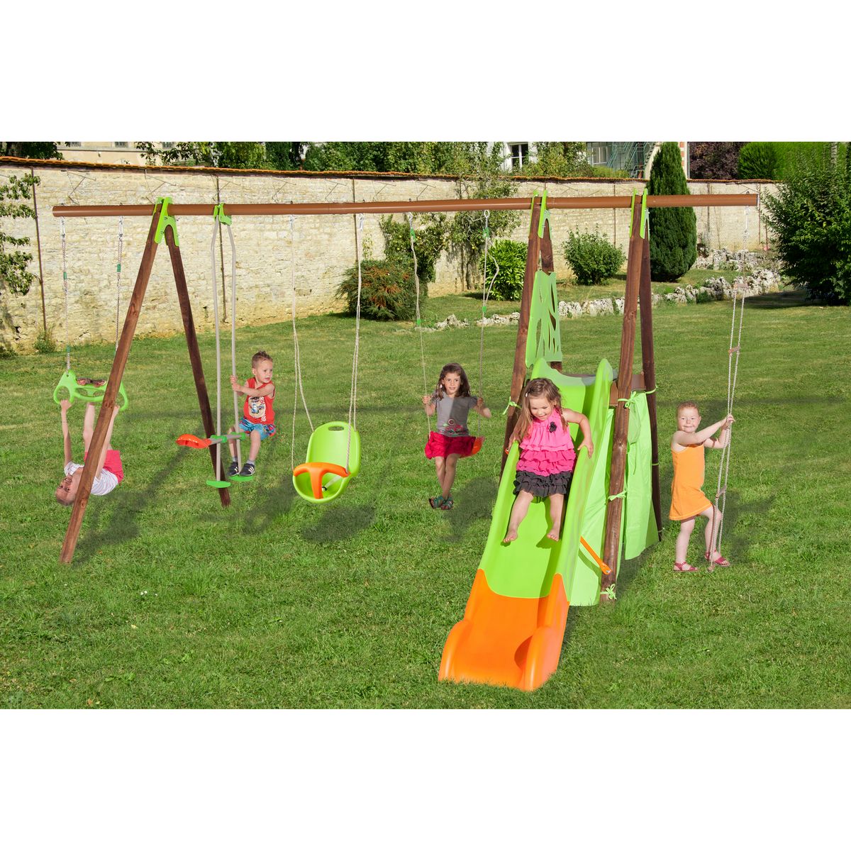 trigano Portique balançoire Bois/Métal avec toboggan  Marla