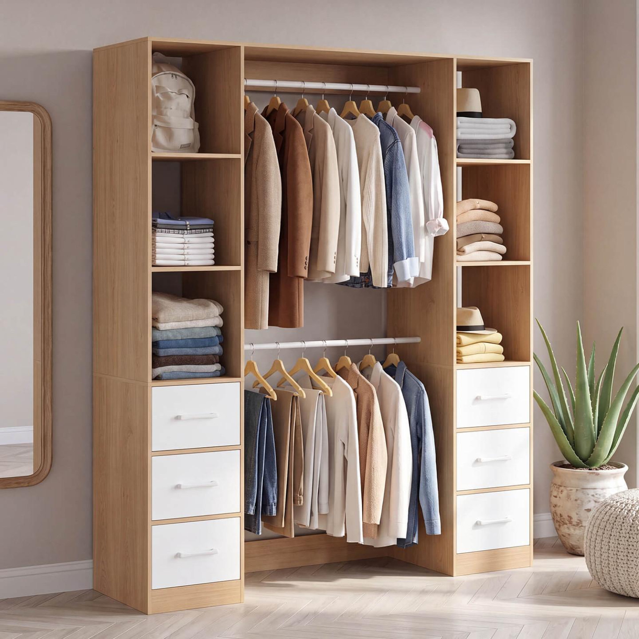Voir la diapositive 2 : ID MARKET Dressing double penderie + double colonne l. 140 cm uppah avec 6 étagères et 6 bacs en tissu bois et blanc