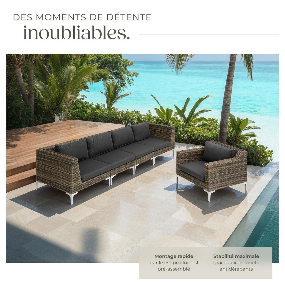 tectake Ensemble modulable en rotin partie centrale élément central structure en aluminium gris anthracite chiné