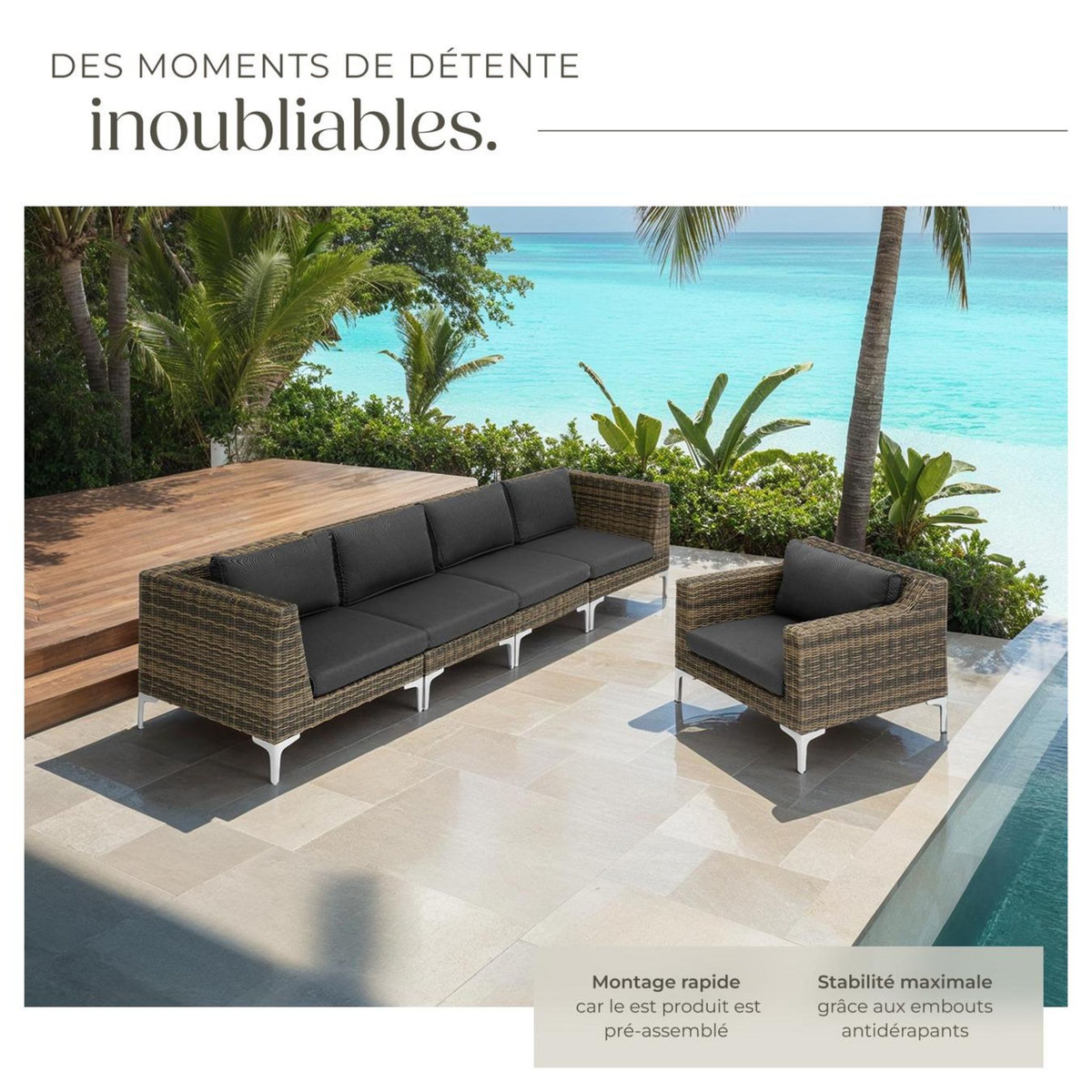 tectake Ensemble modulable en rotin partie centrale élément central structure en aluminium gris anthracite chiné