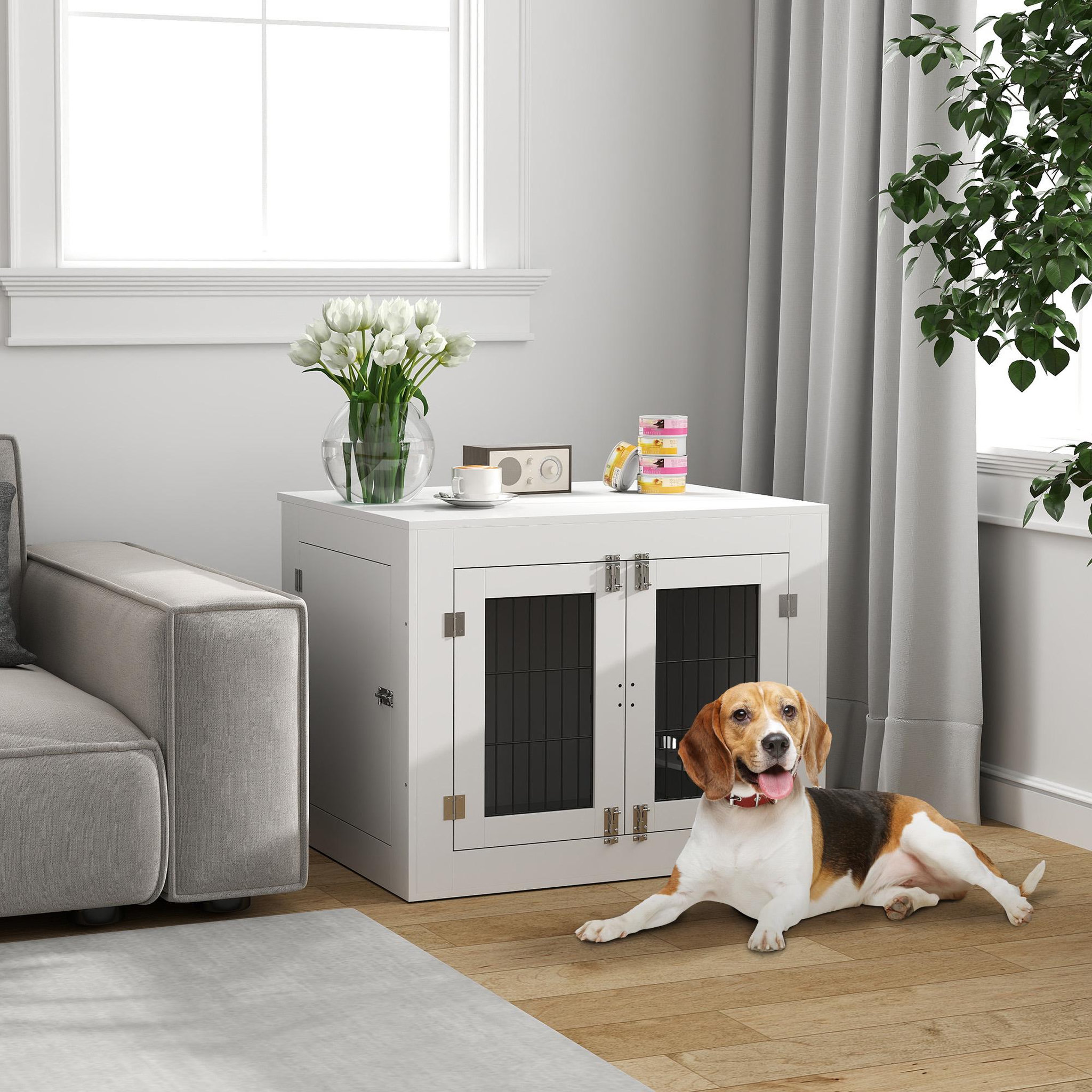 Voir la diapositive 2 : PAWHUT Cage chien intérieure - 2 portes - 2 bols rotatifs 360° - 80 x 60 x 63 cm - blanc