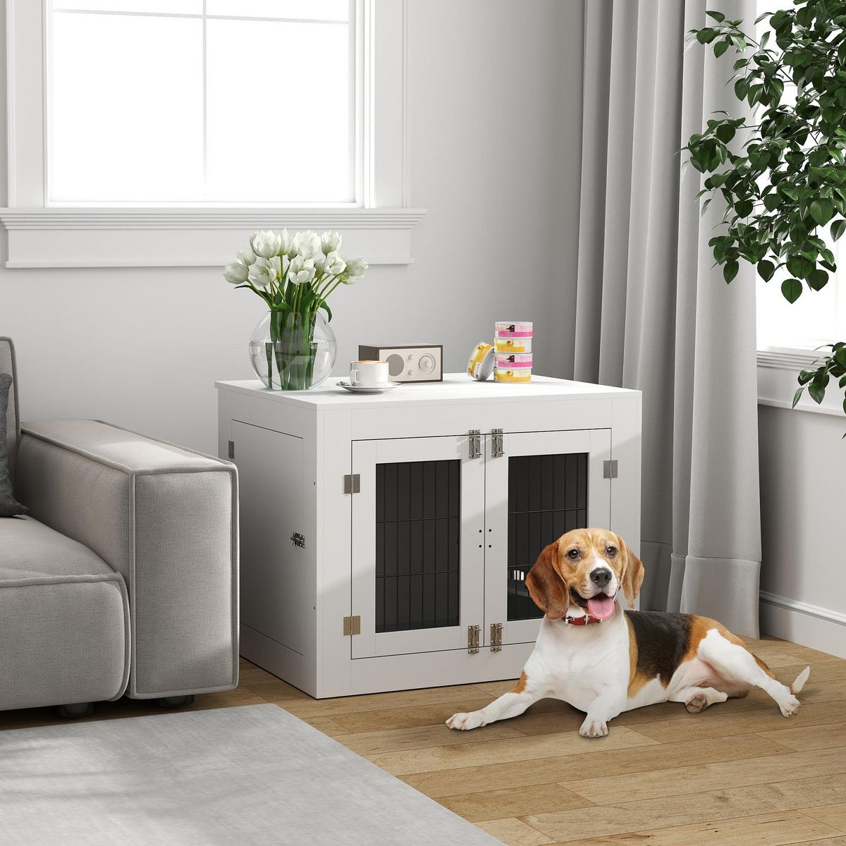 PAWHUT Cage chien intérieure - 2 portes - 2 bols rotatifs 360° - 80 x 60 x 63 cm - blanc