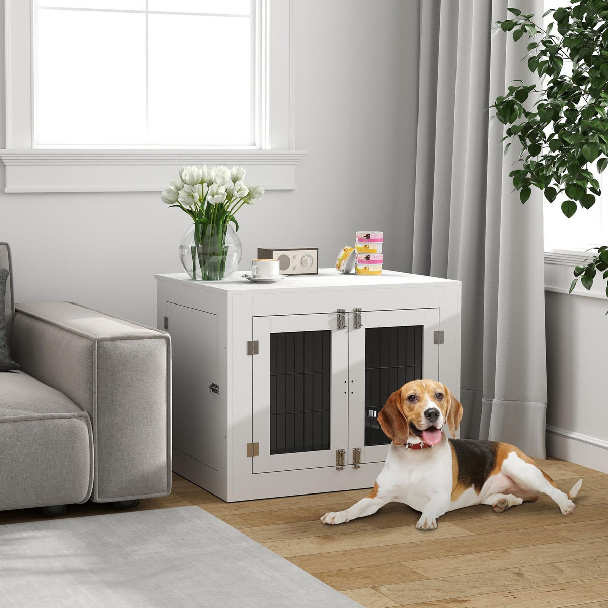PAWHUT Cage chien intérieure - 2 portes - 2 bols rotatifs 360° - 80 x 60 x 63 cm - blanc