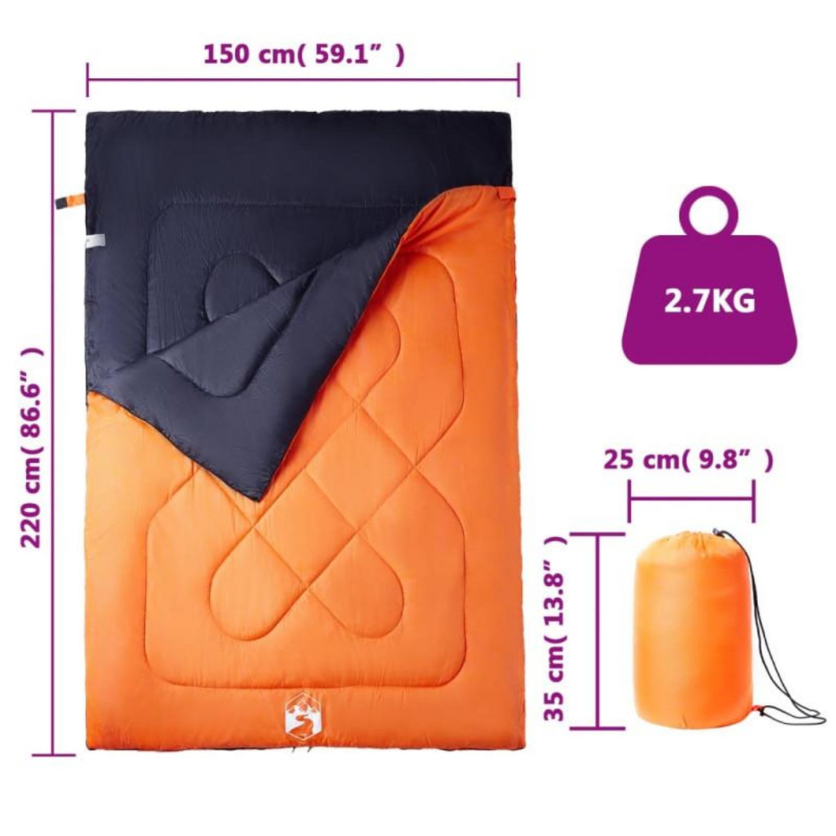VIDAXL Sac de couchage double et oreillers adultes camping 3 4 saisons