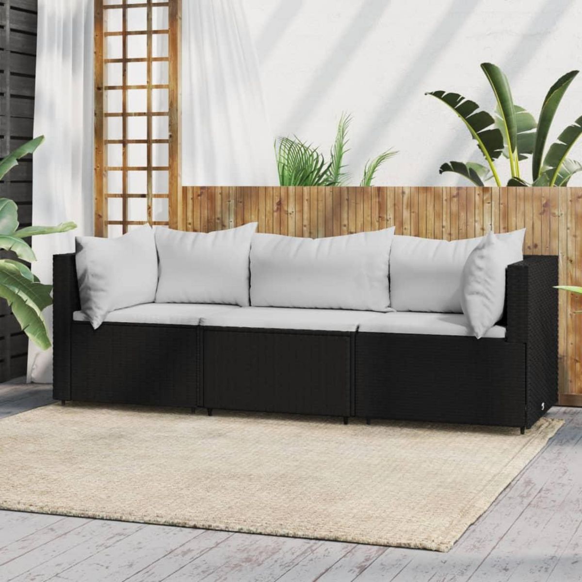 VIDAXL Salon de jardin 3 pcs avec coussins Noir Resine tressee