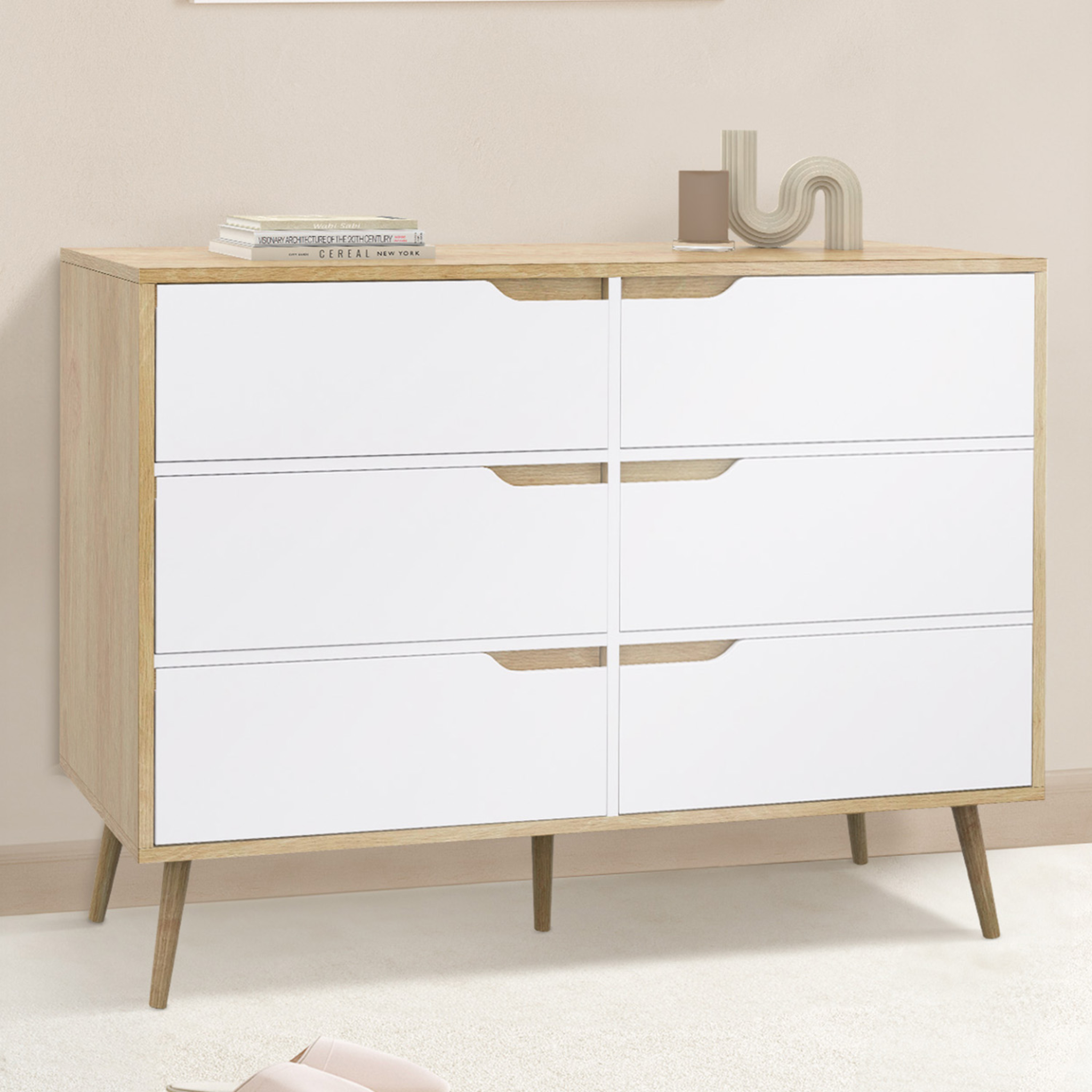 Voir la diapositive 2 : ID MARKET Commode 6 tiroirs helsinki 115 cm scandinave bois et blanc