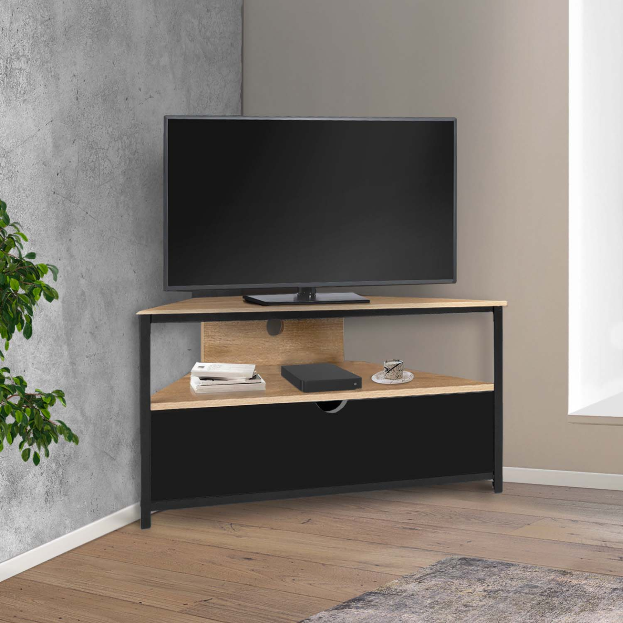 Voir la diapositive 2 : ID MARKET Meuble tv 100 cm d'angle boston avec placard noir design industriel