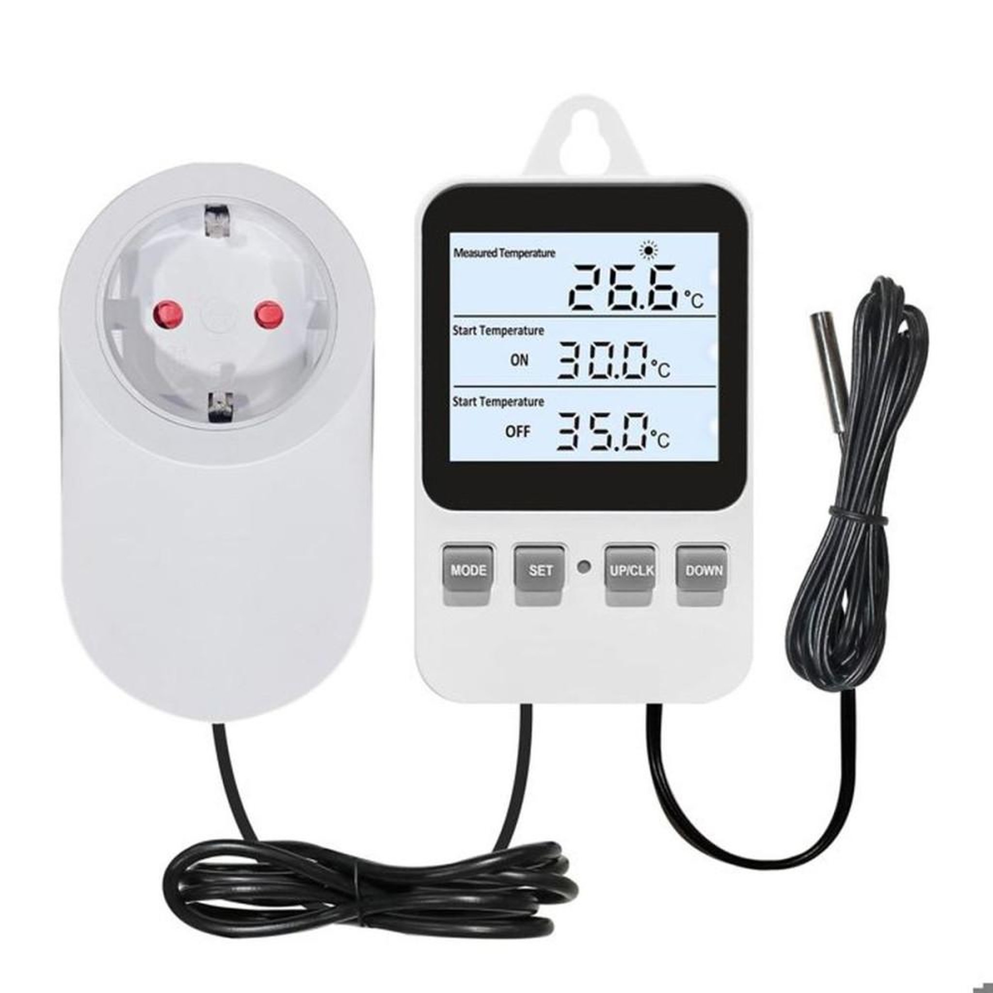 Thermostat d'ambiance numérique à écran LCD rétroéclairé avec sonde à câble 2,79 m et prise secteur EU