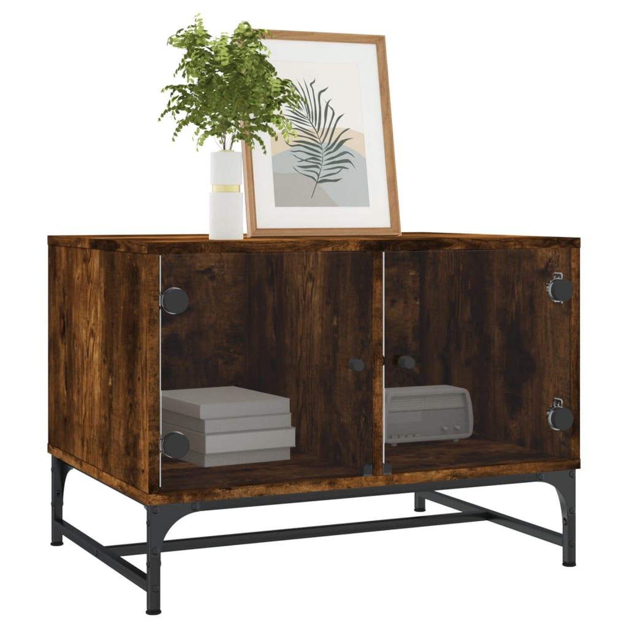Voir la diapositive 3 : VIDAXL Table basse avec portes en verre chene fume 68,5x50x50 cm