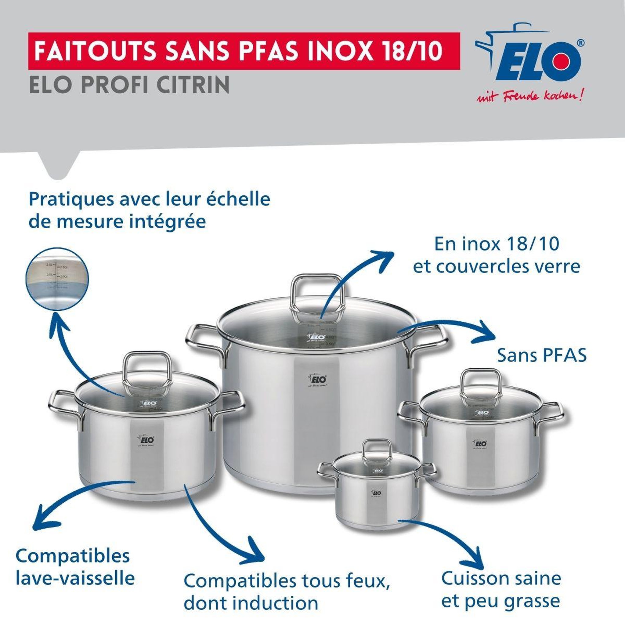 Voir la diapositive 3 : ELO Ensemble de 2 poêles de cuisson 24 et 28 cm et 4 faitouts 12, 16, 20 et 26 cm elo profi citrin