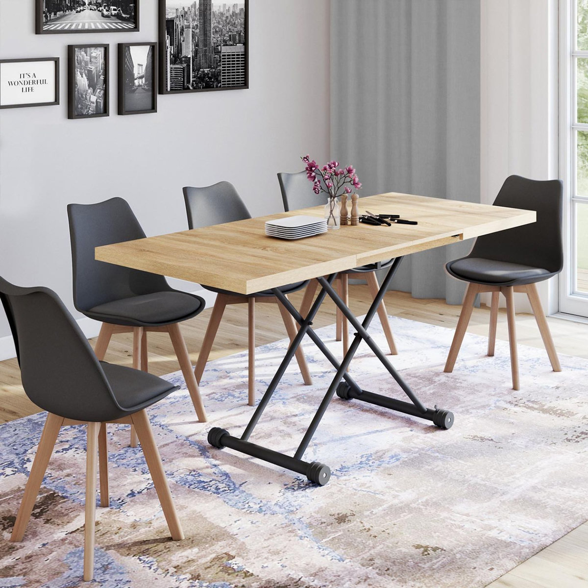 ID MARKET Table basse extensible relevable en table à manger rectangulaire ALTURA bois et noir design industriel