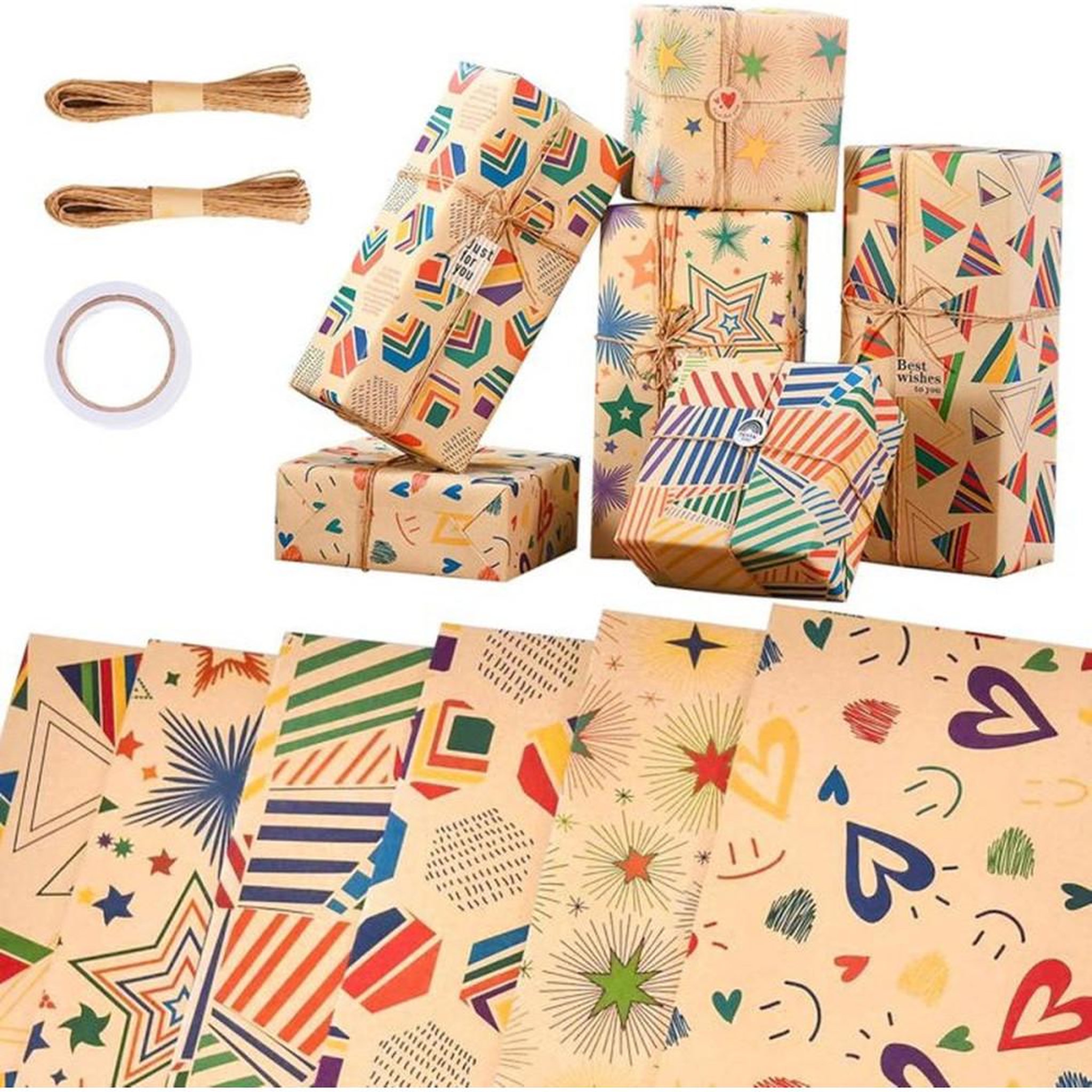 Papier cadeau en feuilles kraft 70 x 50 cm, lot de 6 avec motifs multicolores + accessoires