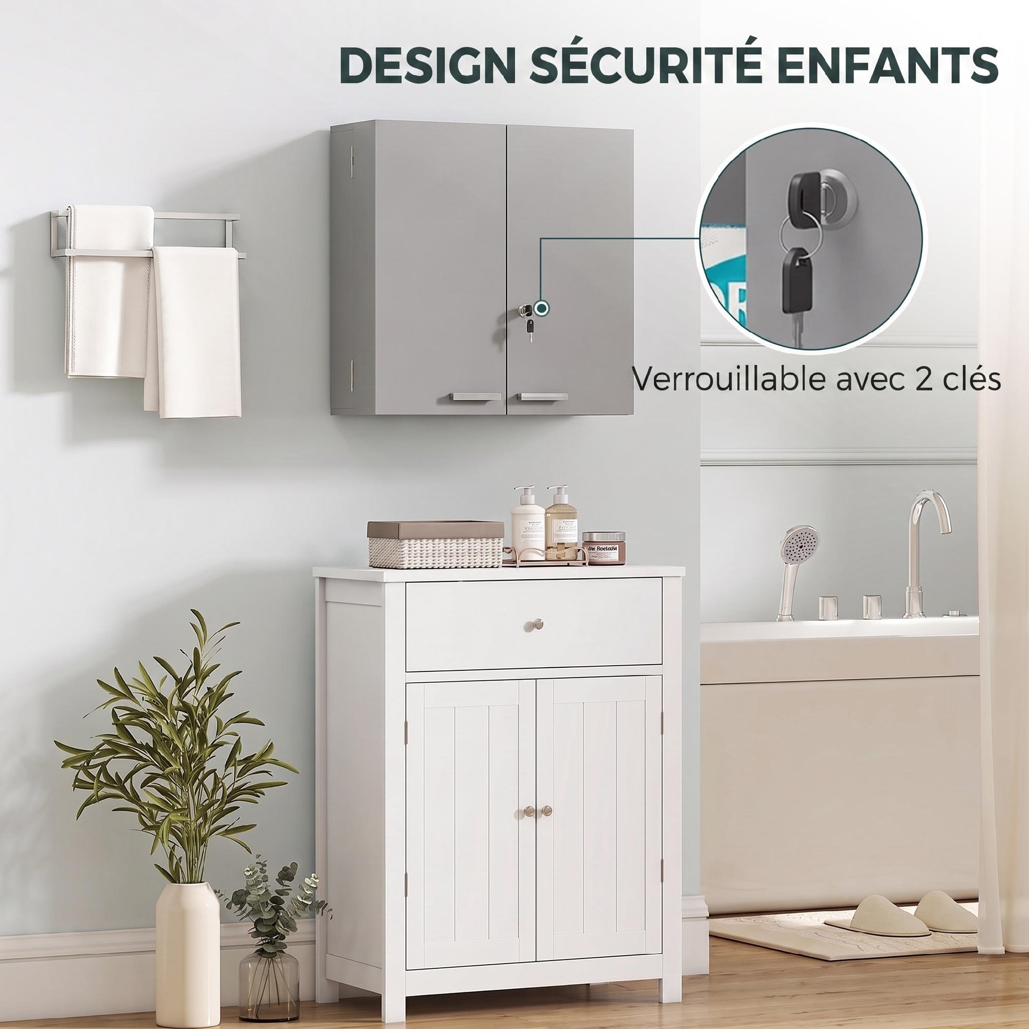 Voir la diapositive 6 : HOMCOM Armoire à pharmacie 4 étagères double porte verrouillable MDF gris