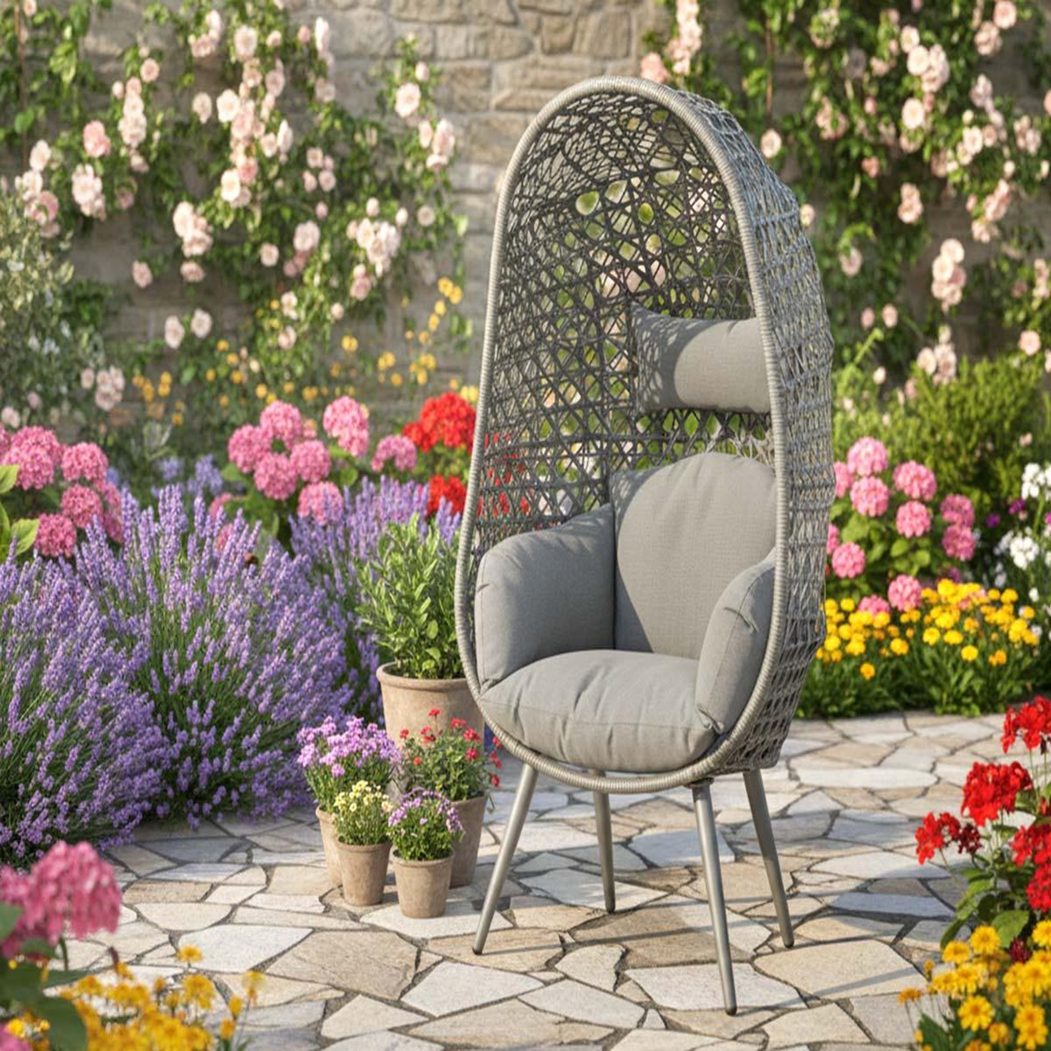 Voir la diapositive 2 : JARDIDECO Fauteuil de jardin sur pieds œuf de jardin en résine tressée gris clair palermo - jardideco