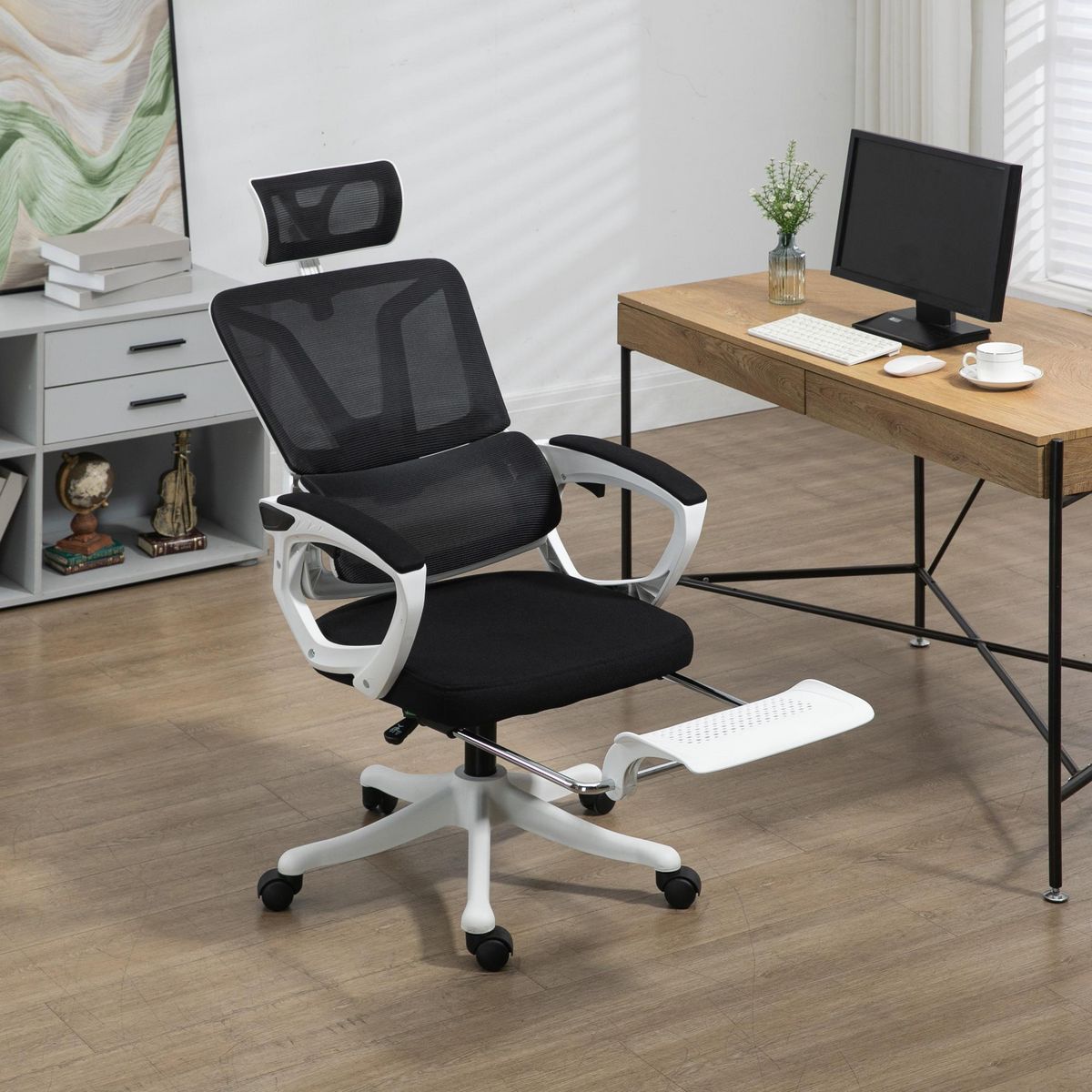 VINSETTO Fauteuil de bureau ergonomique inclinable réglable - repose-pied rétractable, support lombaires, tétière ajustable - blanc noir